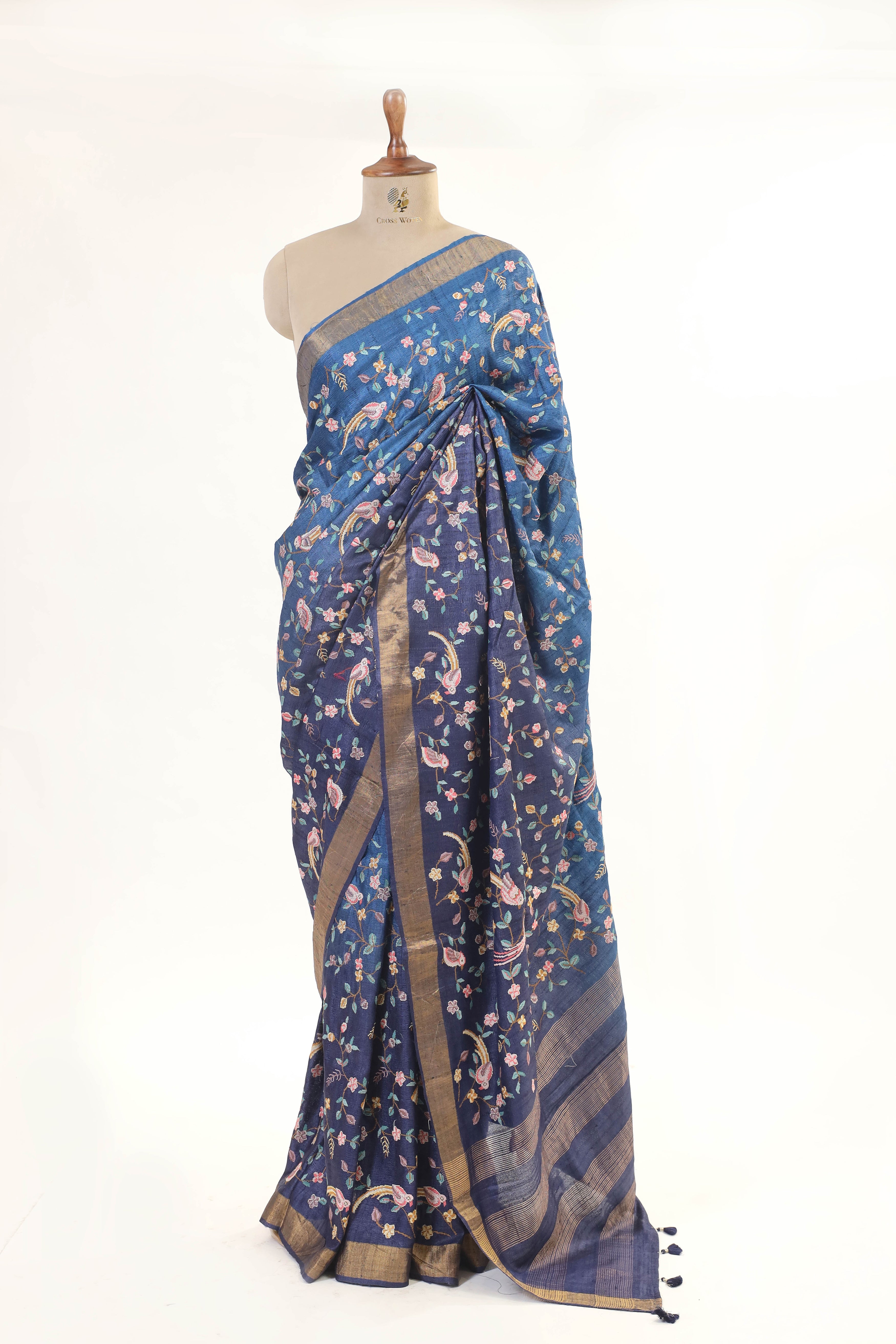 Royal Blue Tussar Silk Saree with Intricate Floral and Bird Embroidery and Subtle Golden Border