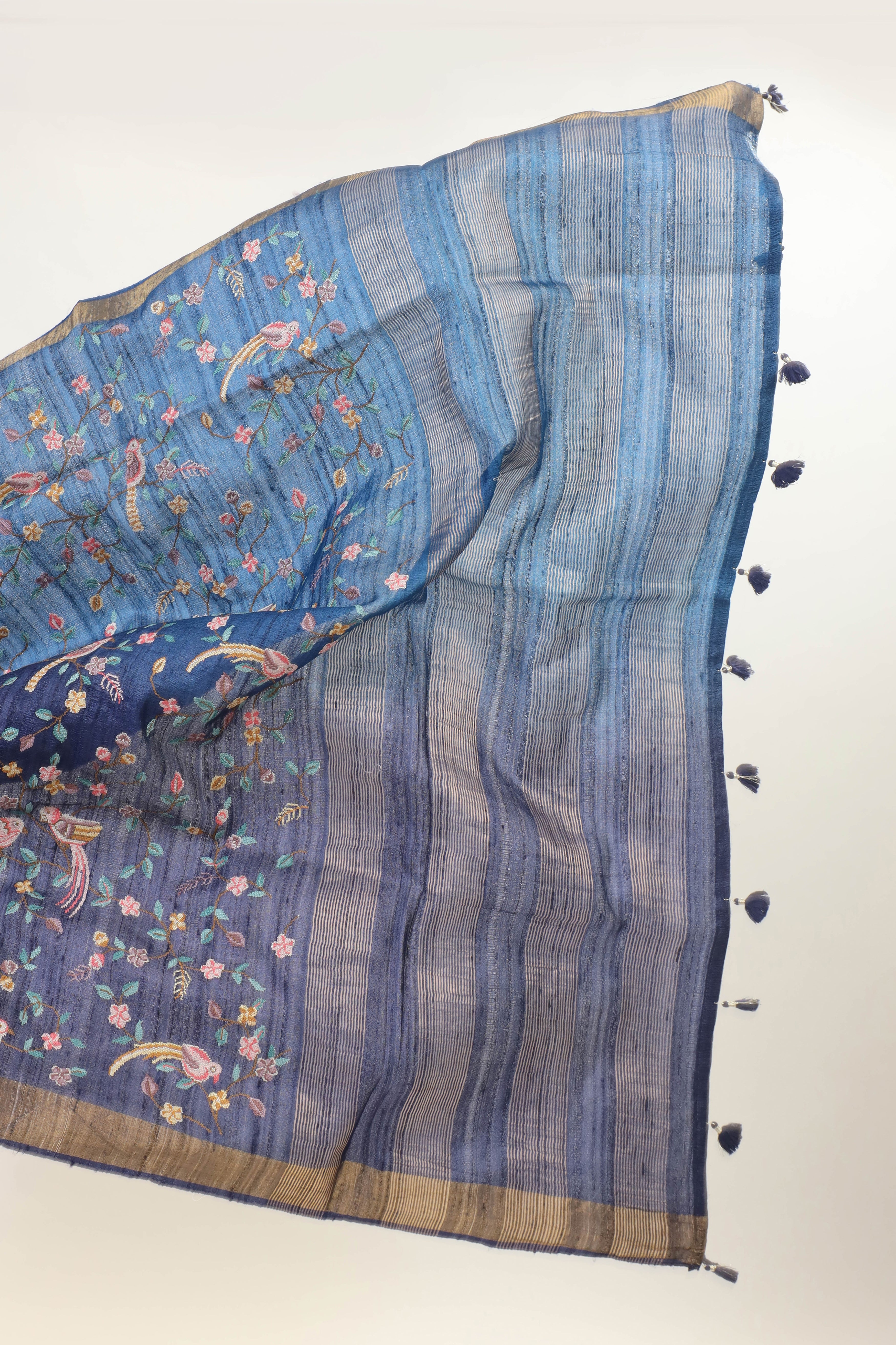 Royal Blue Tussar Silk Saree with Intricate Floral and Bird Embroidery and Subtle Golden Border
