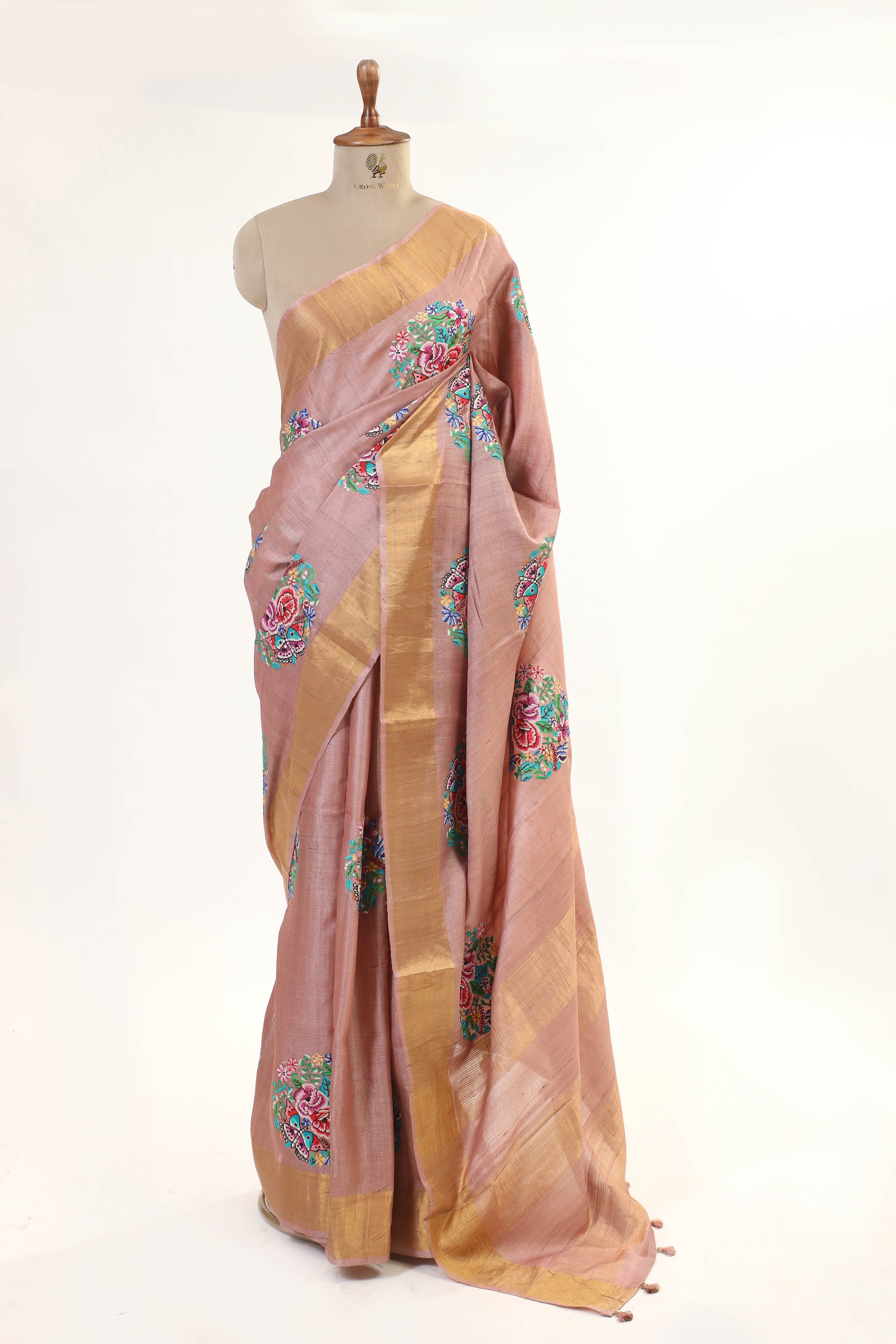 Peach Pink Tussar Silk Saree with Intricate Floral  Embroidery and Subtle Golden Border
