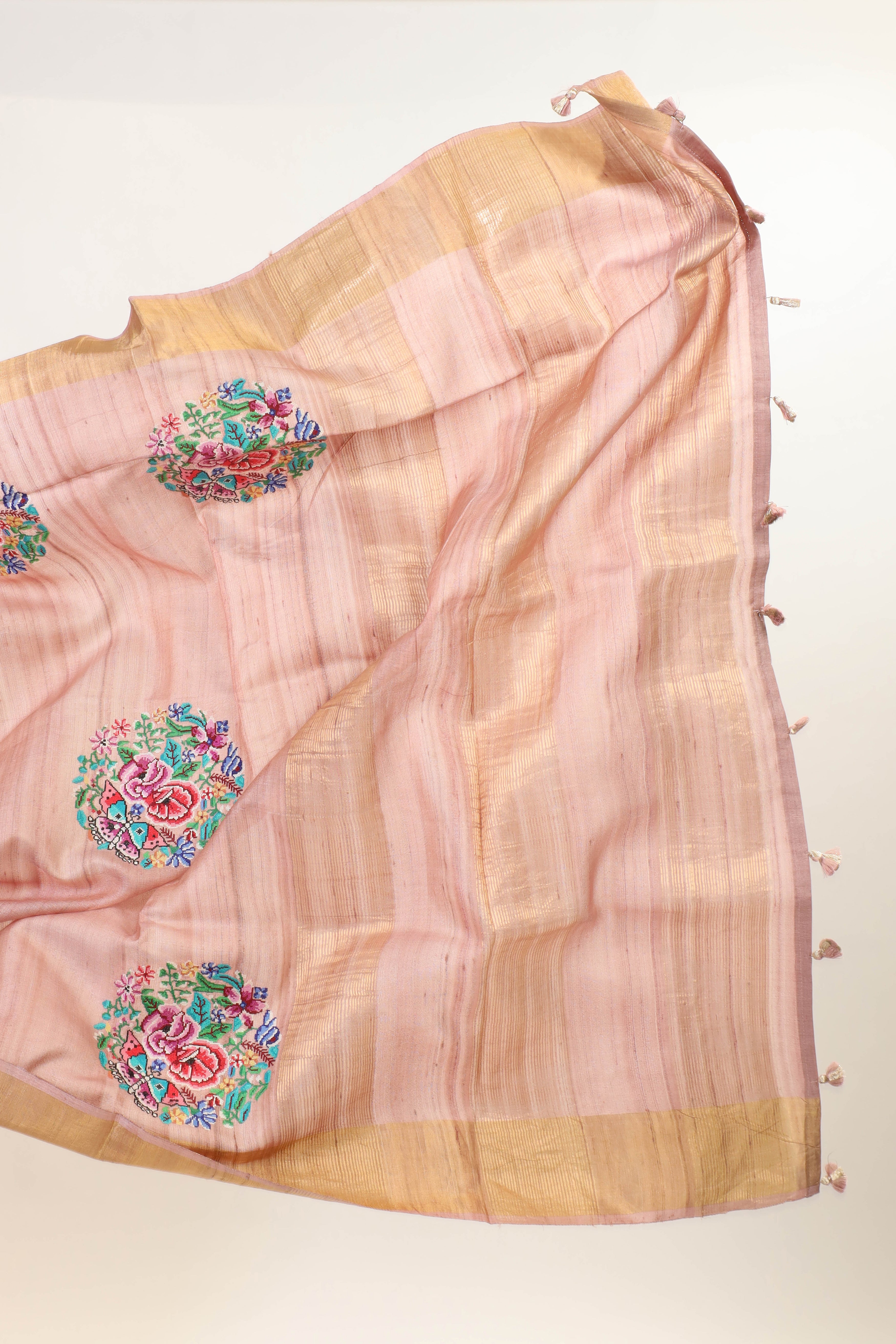 Peach Pink Tussar Silk Saree with Intricate Floral  Embroidery and Subtle Golden Border