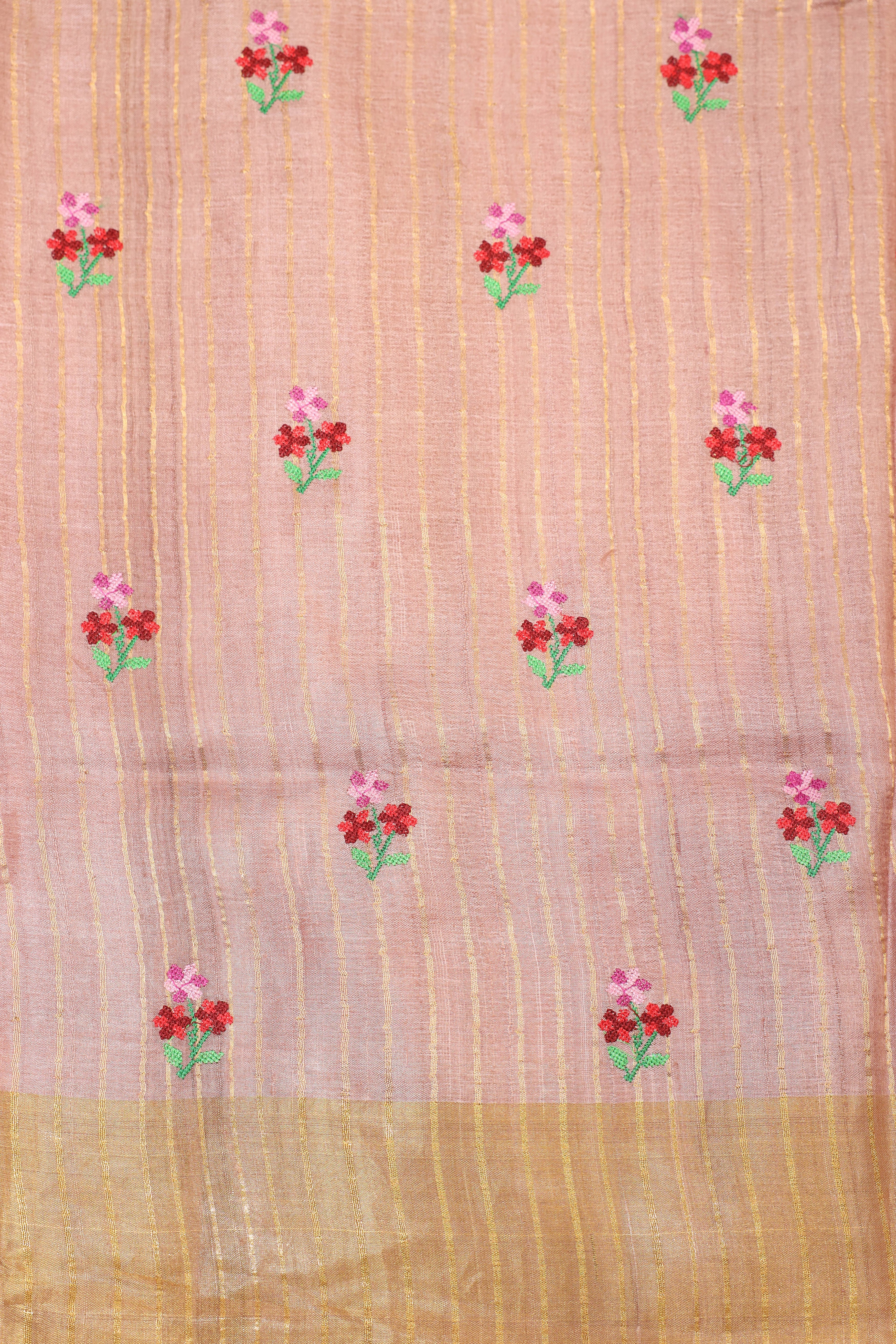 Peach Pink Tussar Silk Saree with Intricate Floral  Embroidery and Subtle Golden Border