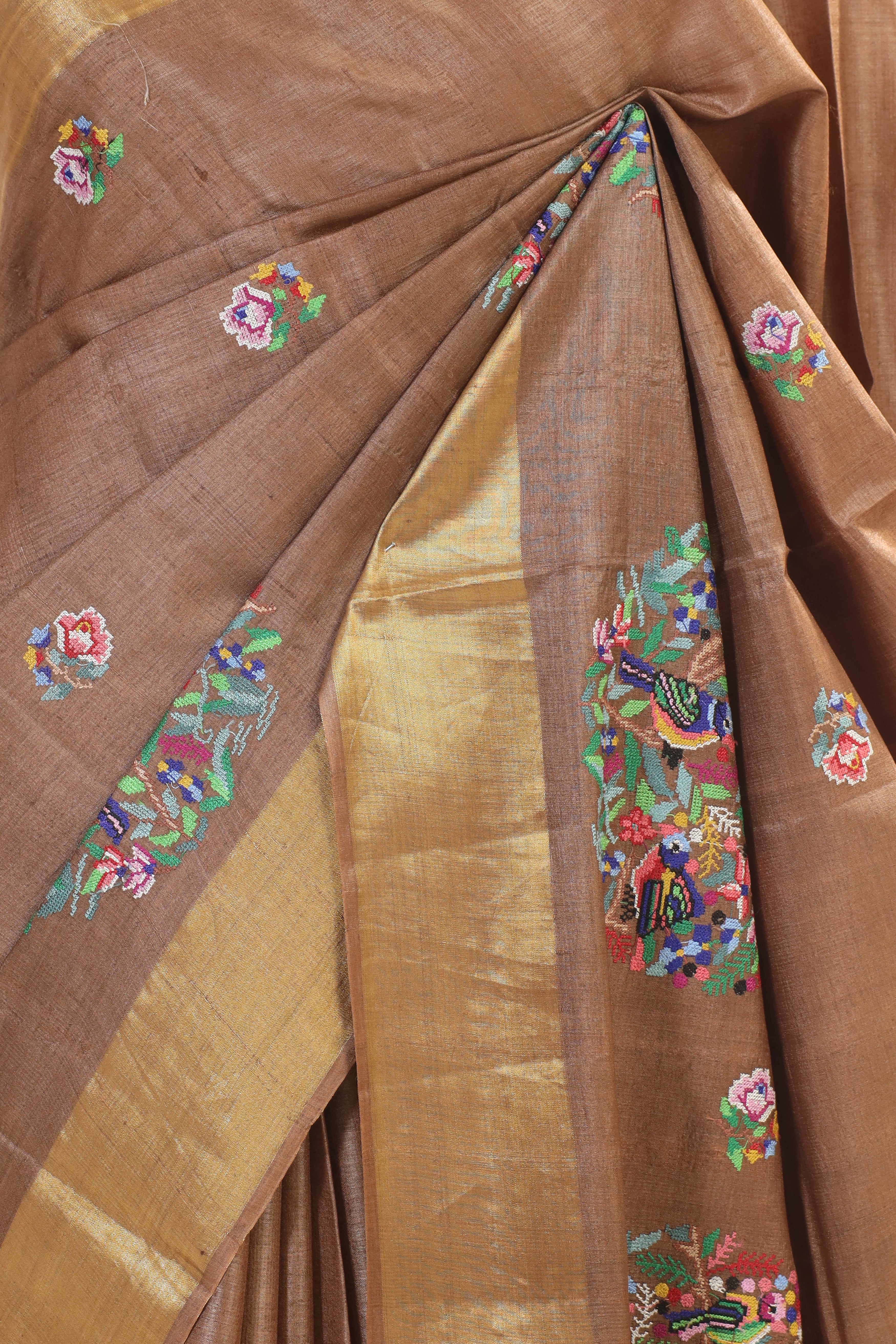 Dull Brown Tusser Silk Saree With Intricate Multicolor Bird Embroidery