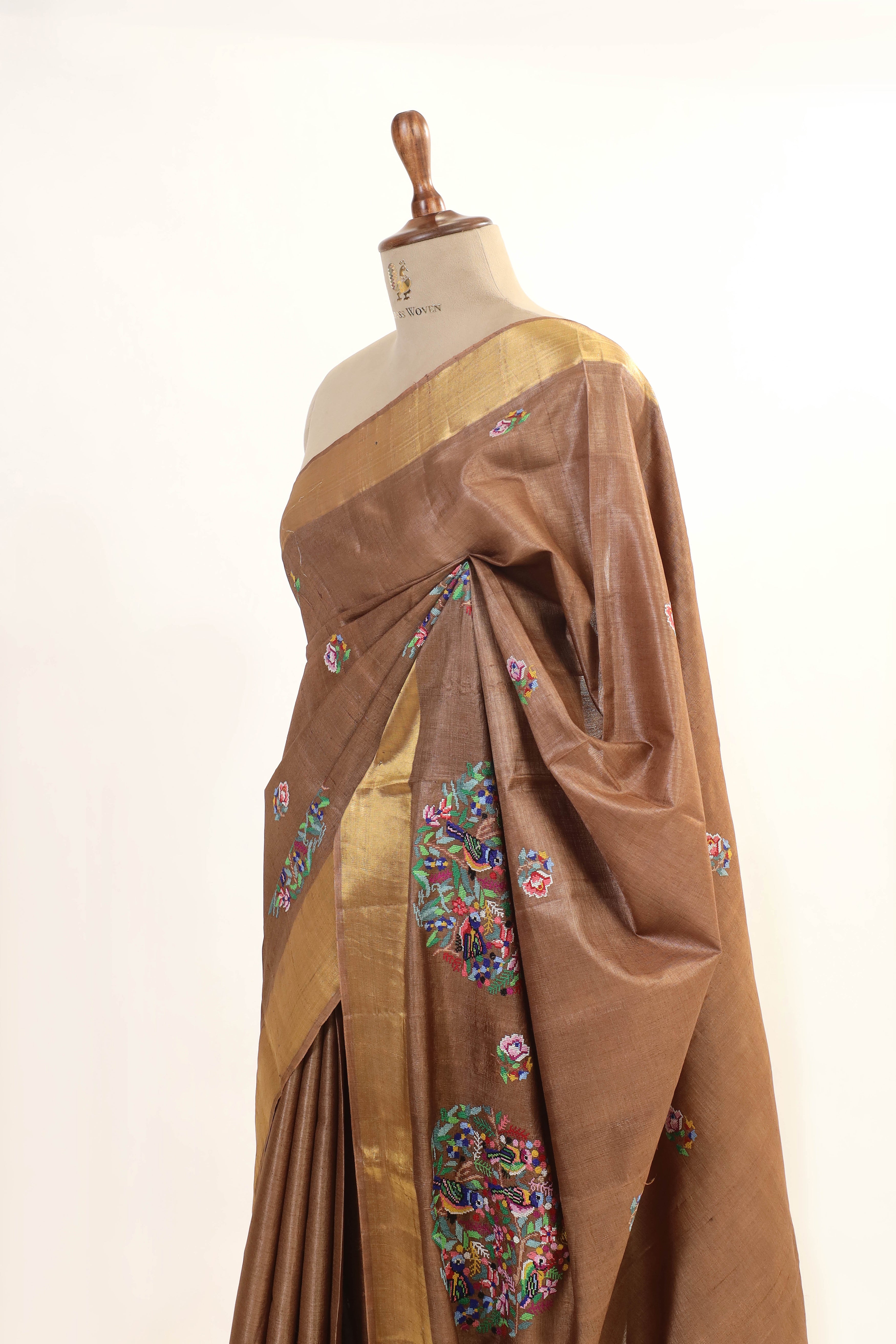 Dull Brown Tusser Silk Saree With Intricate Multicolor Bird Embroidery
