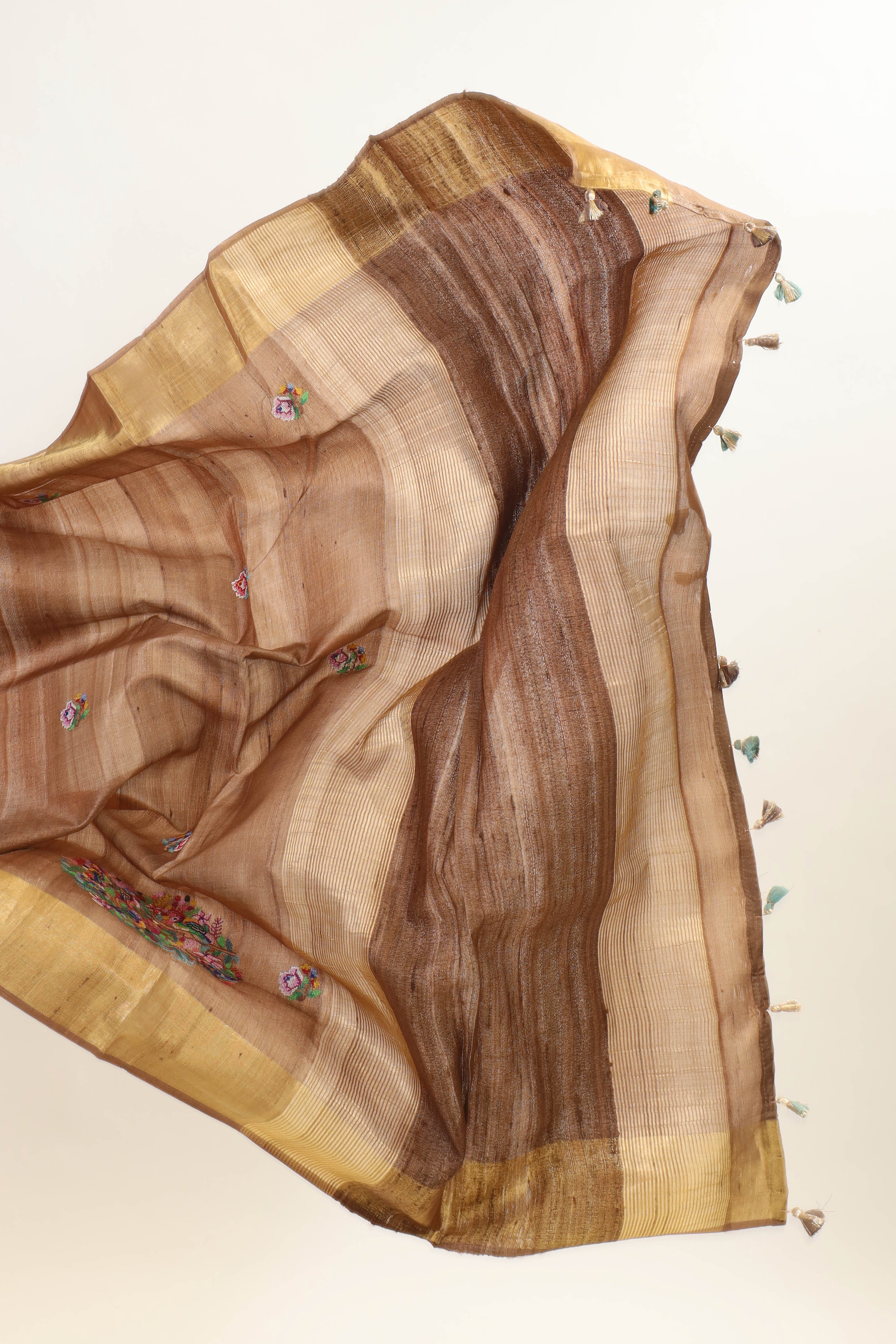Dull Brown Tusser Silk Saree With Intricate Multicolor Bird Embroidery