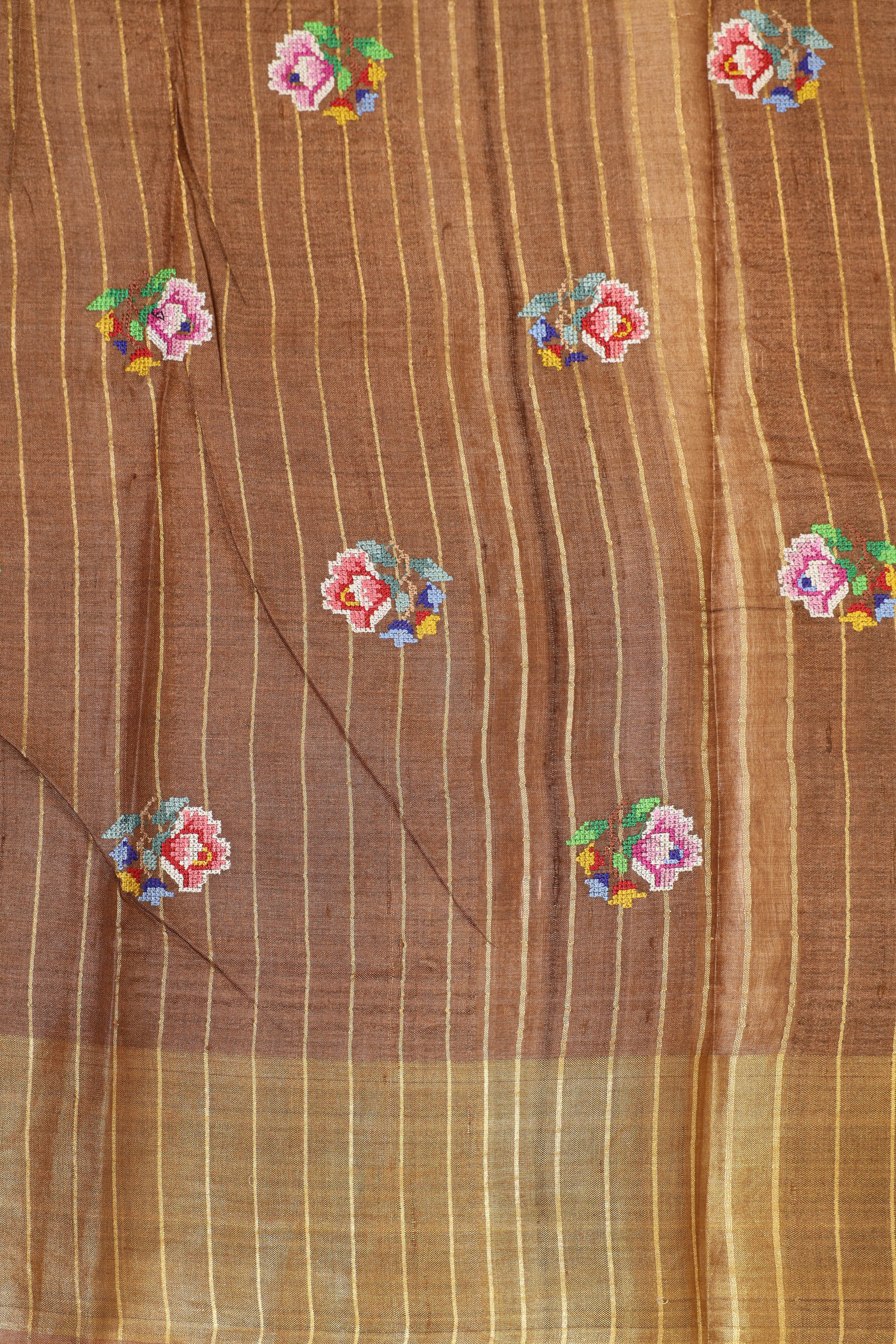 Dull Brown Tusser Silk Saree With Intricate Multicolor Bird Embroidery