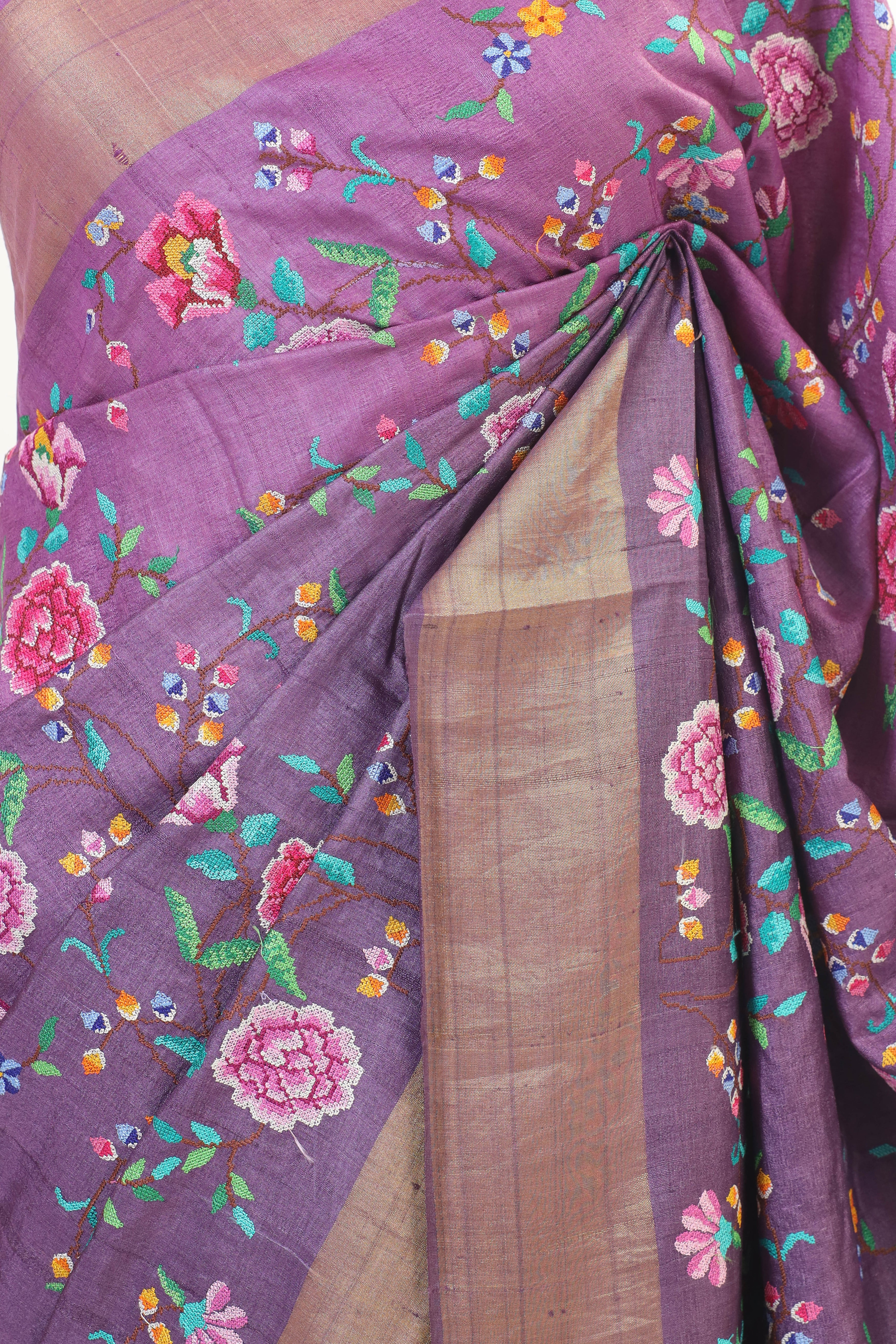 Plum Purple Tussar Silk Saree with Floral Embroidery and Elegant Golden Border