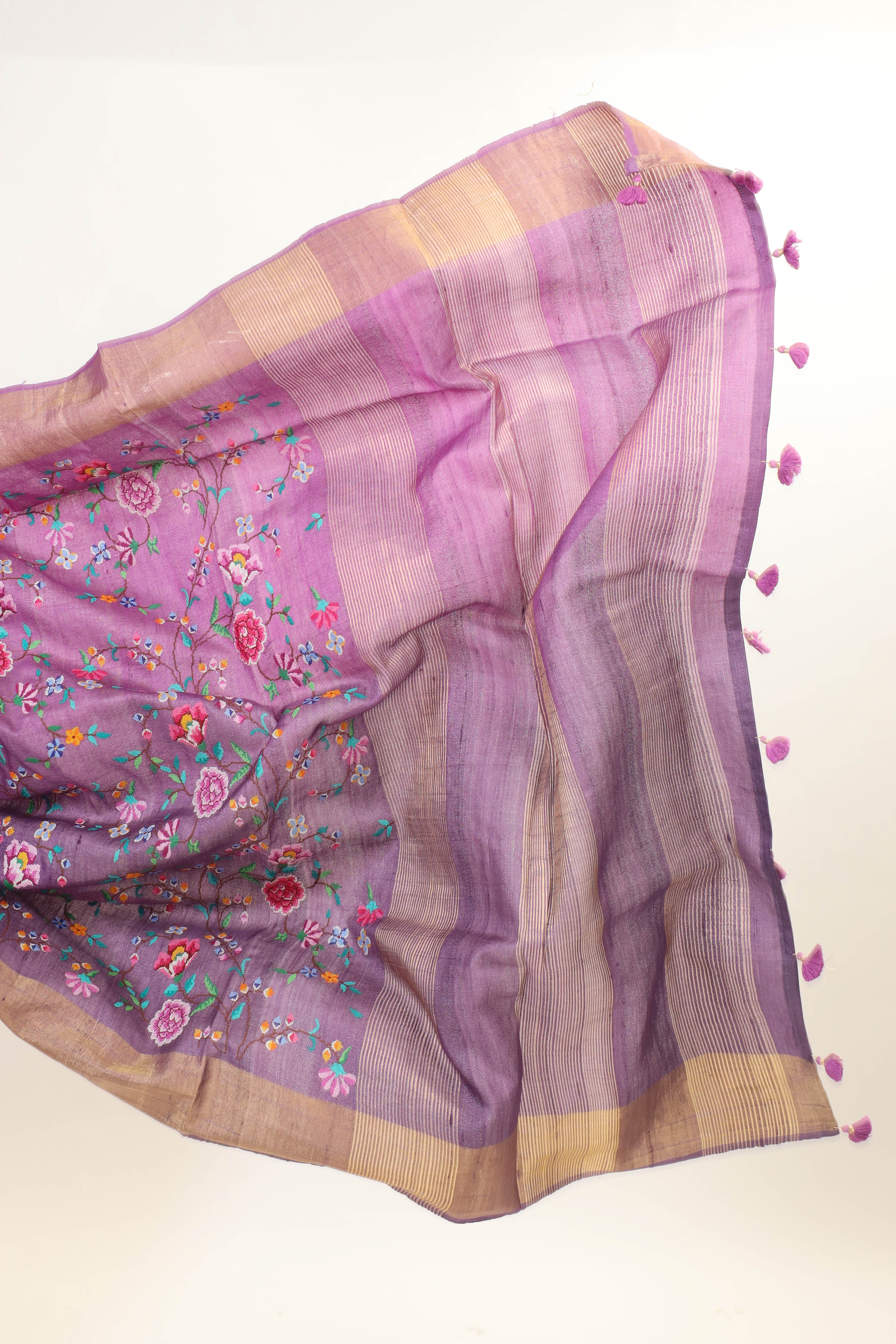 Plum Purple Tussar Silk Saree with Floral Embroidery and Elegant Golden Border