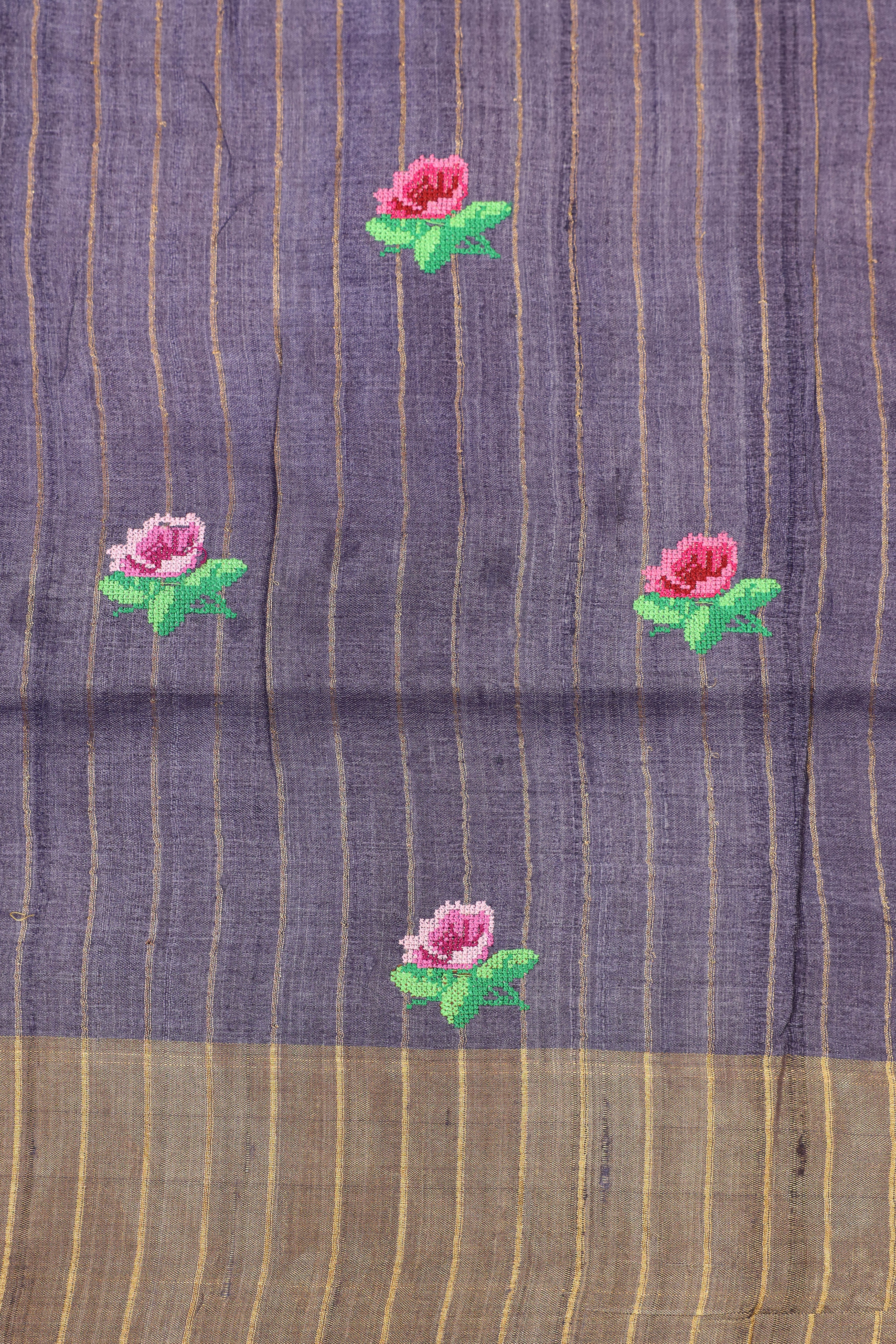 Plum Purple Tussar Silk Saree with Floral Embroidery and Elegant Golden Border