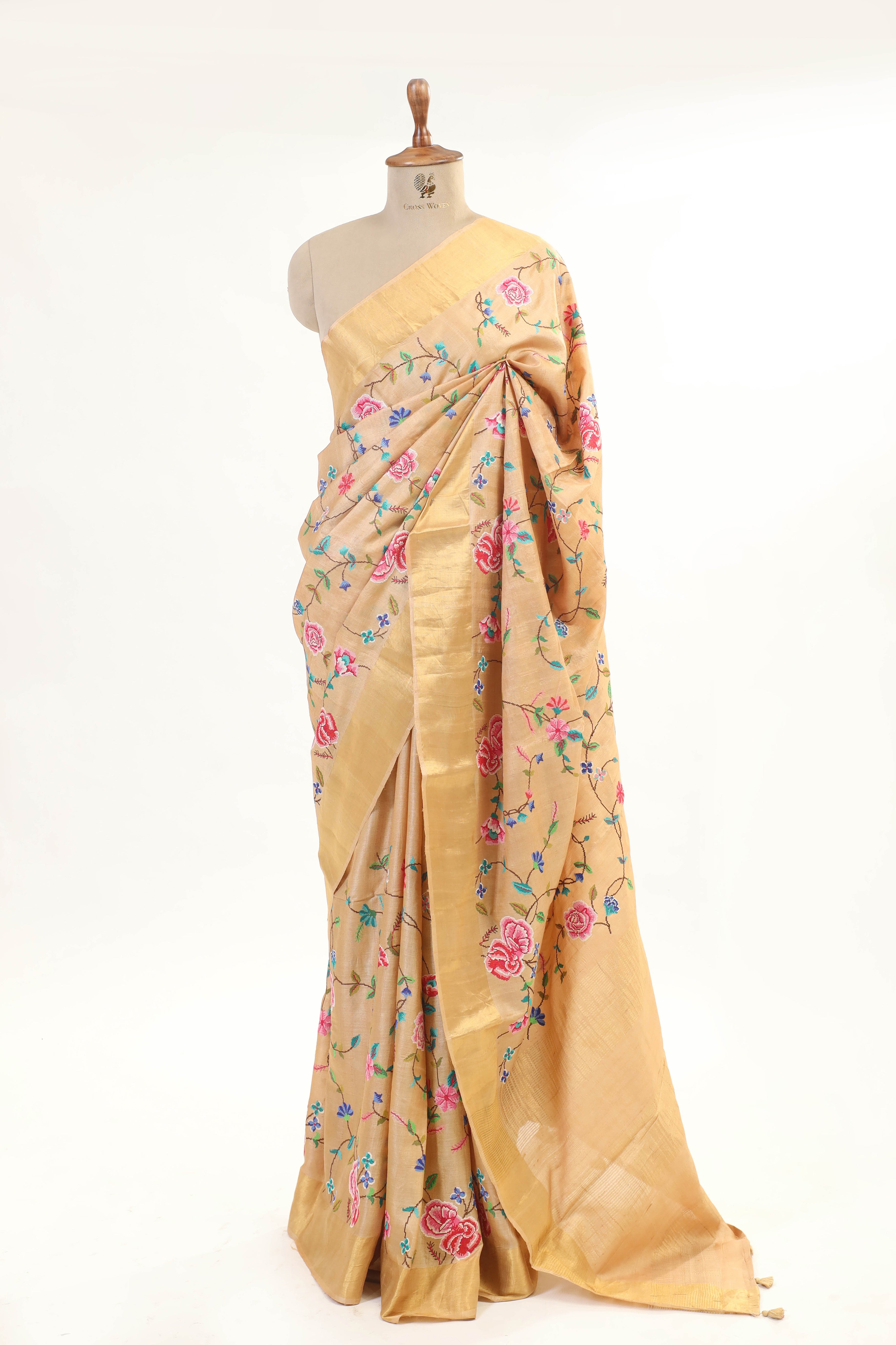 Beige Tussar Silk Saree with Intricate Machine Embroidery and Elegant Golden Border
