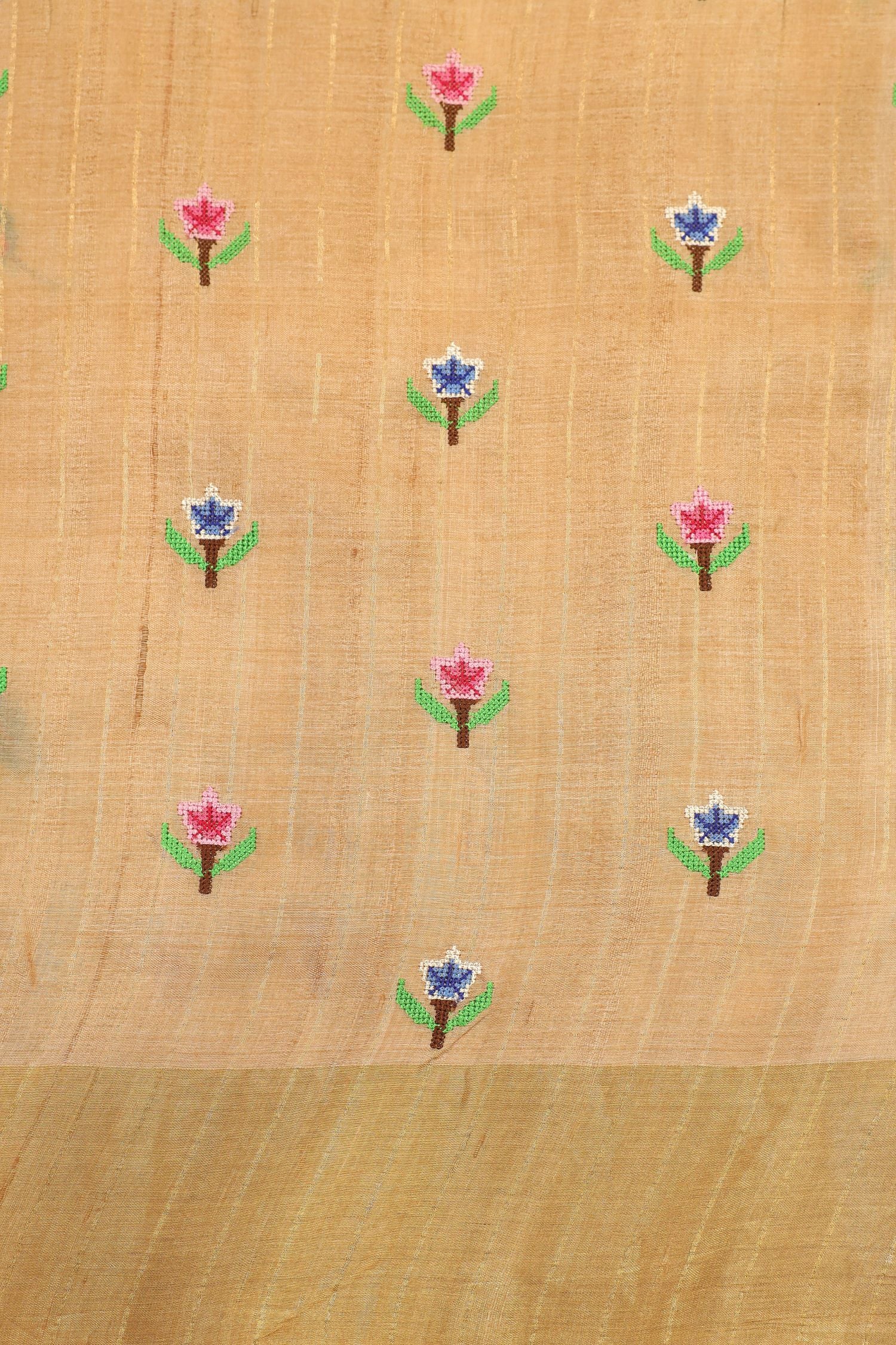 Beige Tussar Silk Saree with Intricate Machine Embroidery and Elegant Golden Border