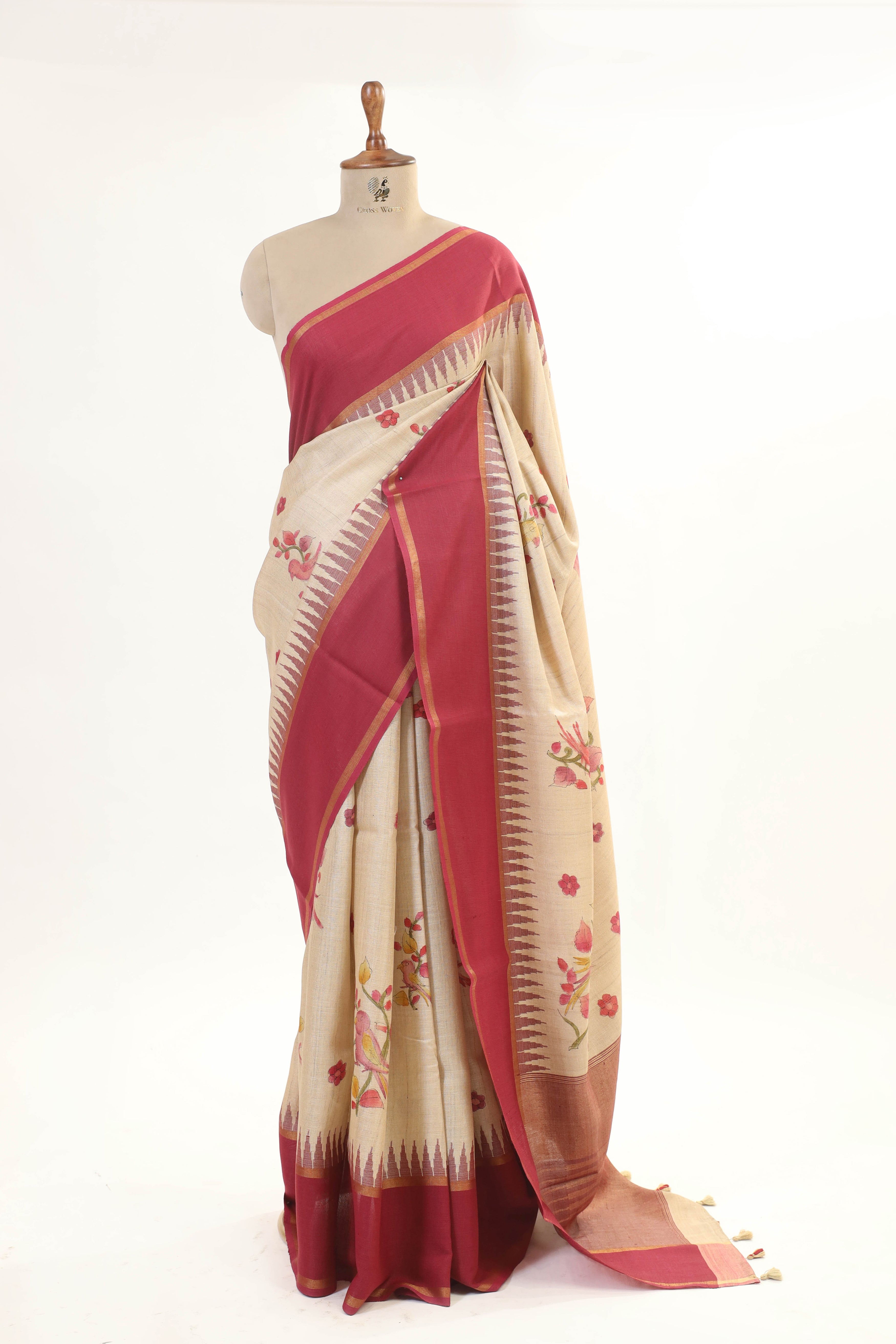 Beige & Deep Maroon Tusser Silk Saree With Floral Print and Temple Border