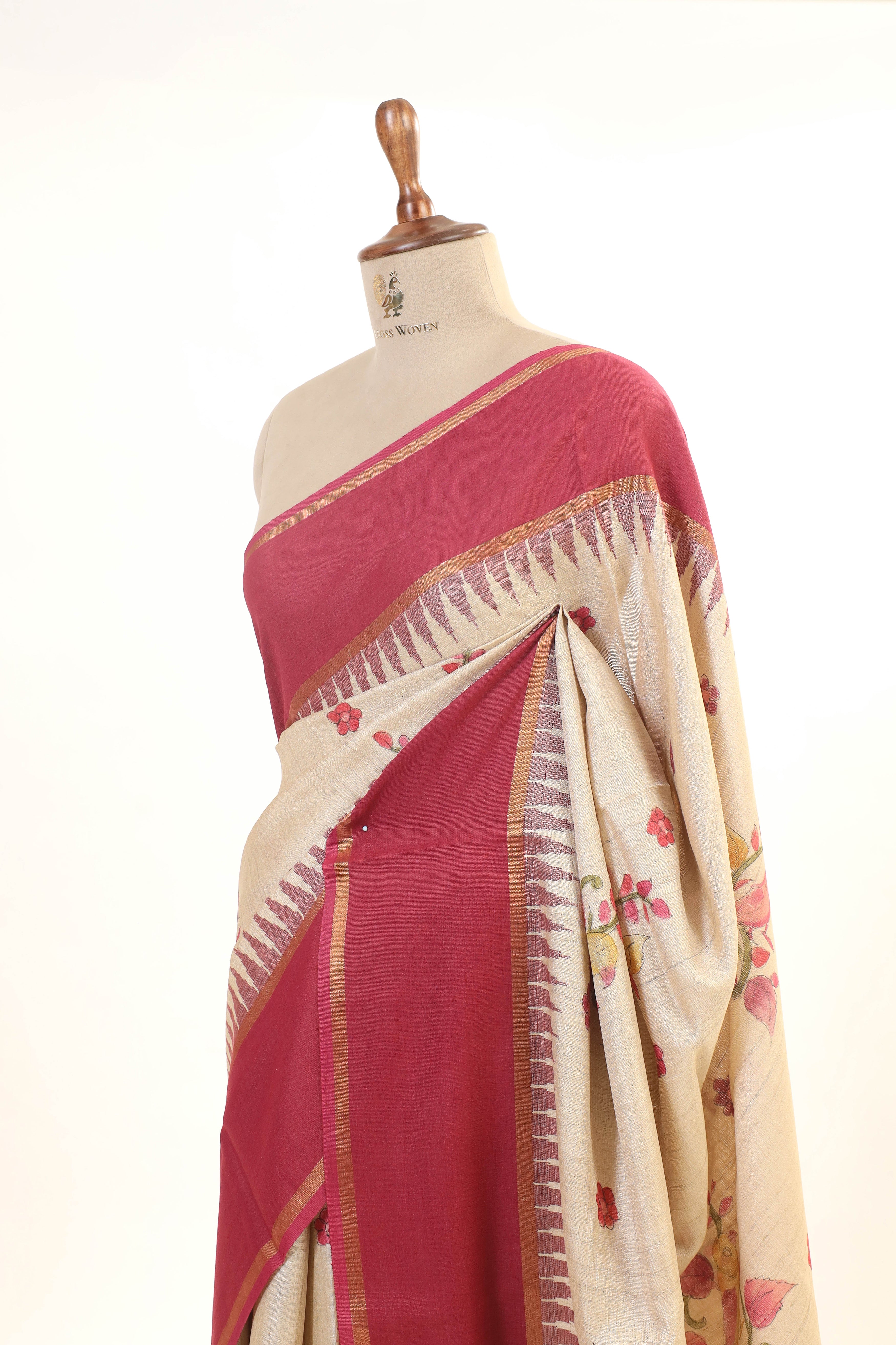 Beige & Deep Maroon Tusser Silk Saree With Floral Print and Temple Border