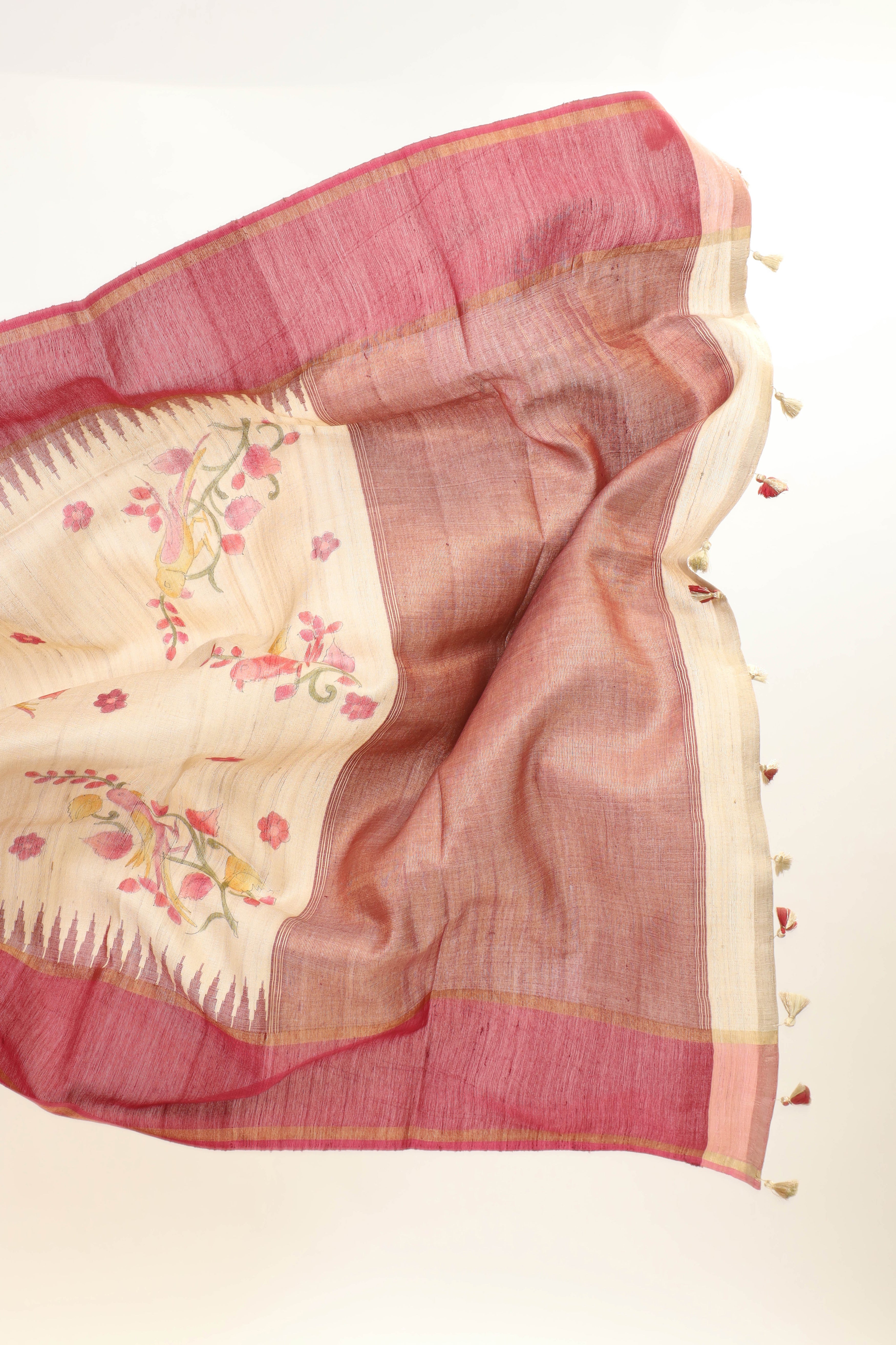 Beige & Deep Maroon Tusser Silk Saree With Floral Print and Temple Border