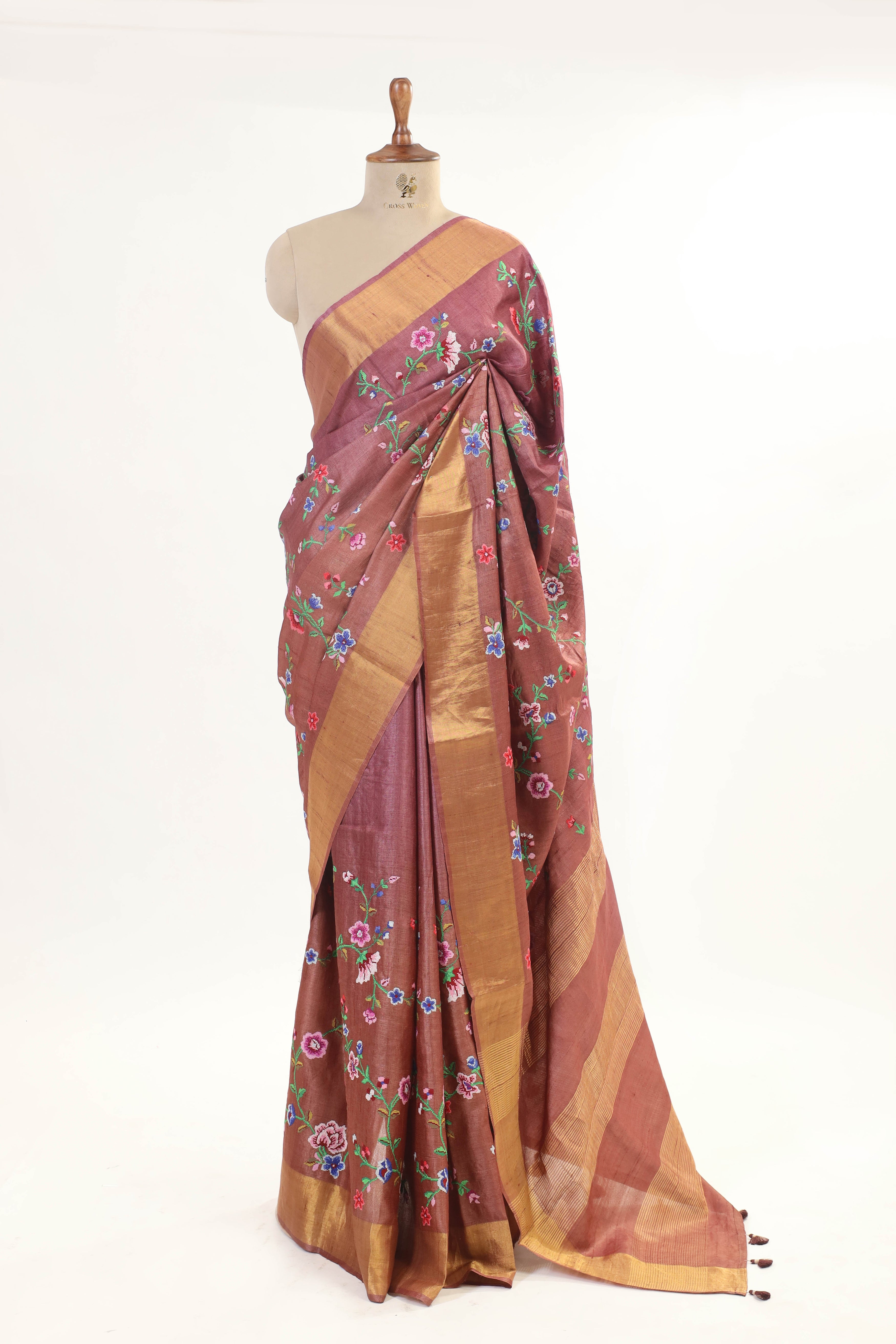 Rose Gold Tussar Silk Saree with Intricate Machine Embroidery and Elegant Golden Border