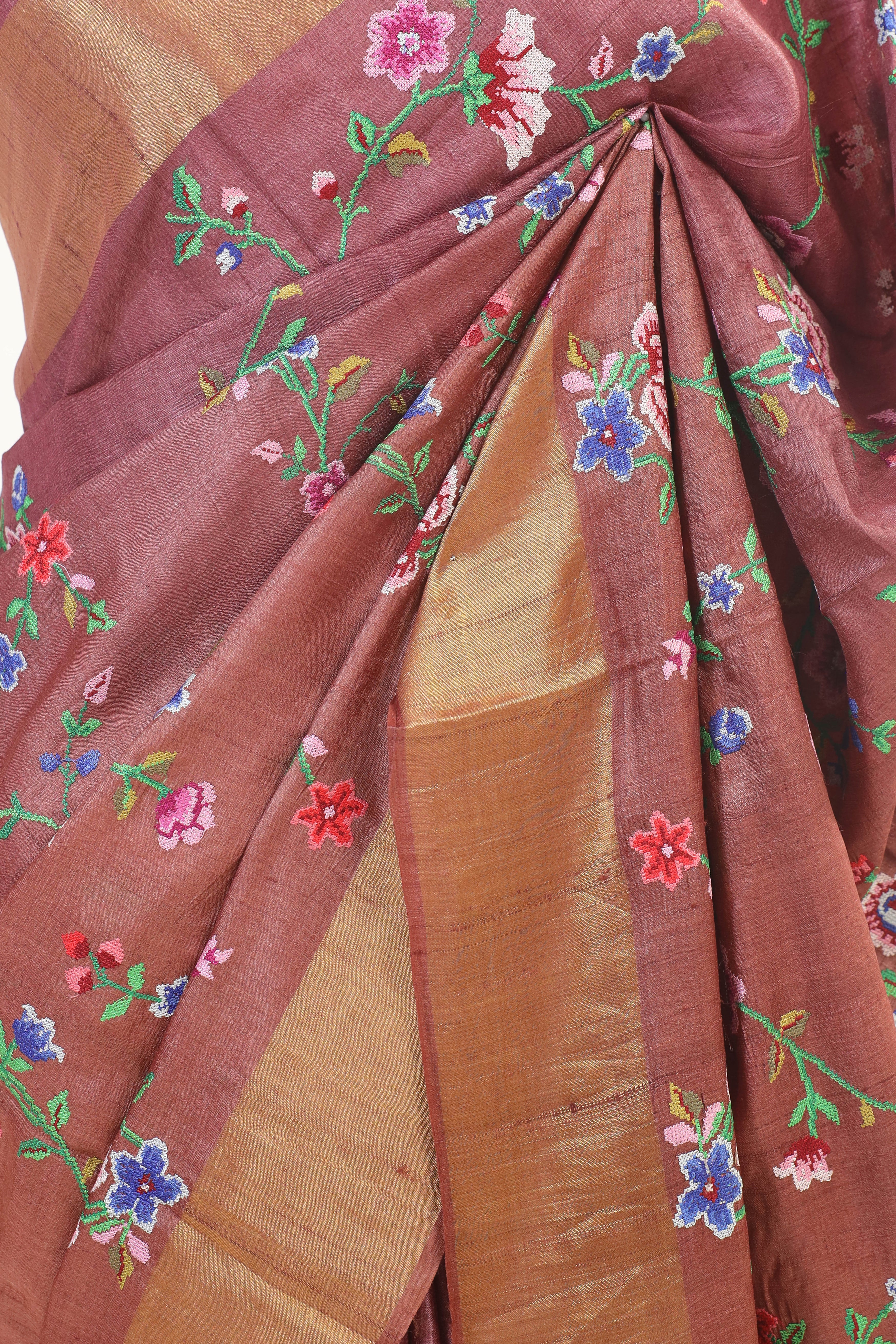 Rose Gold Tussar Silk Saree with Intricate Machine Embroidery and Elegant Golden Border