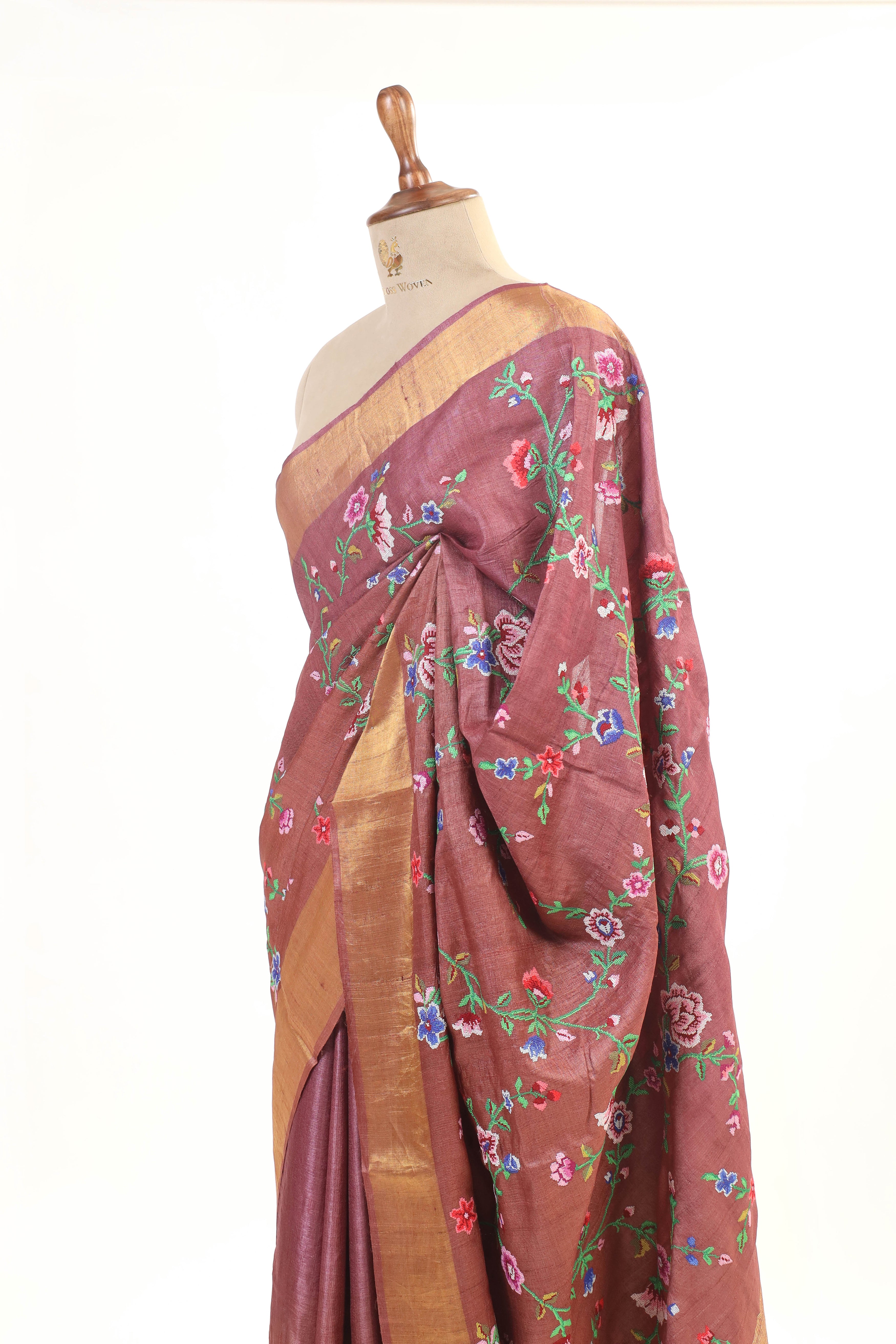 Rose Gold Tussar Silk Saree with Intricate Machine Embroidery and Elegant Golden Border