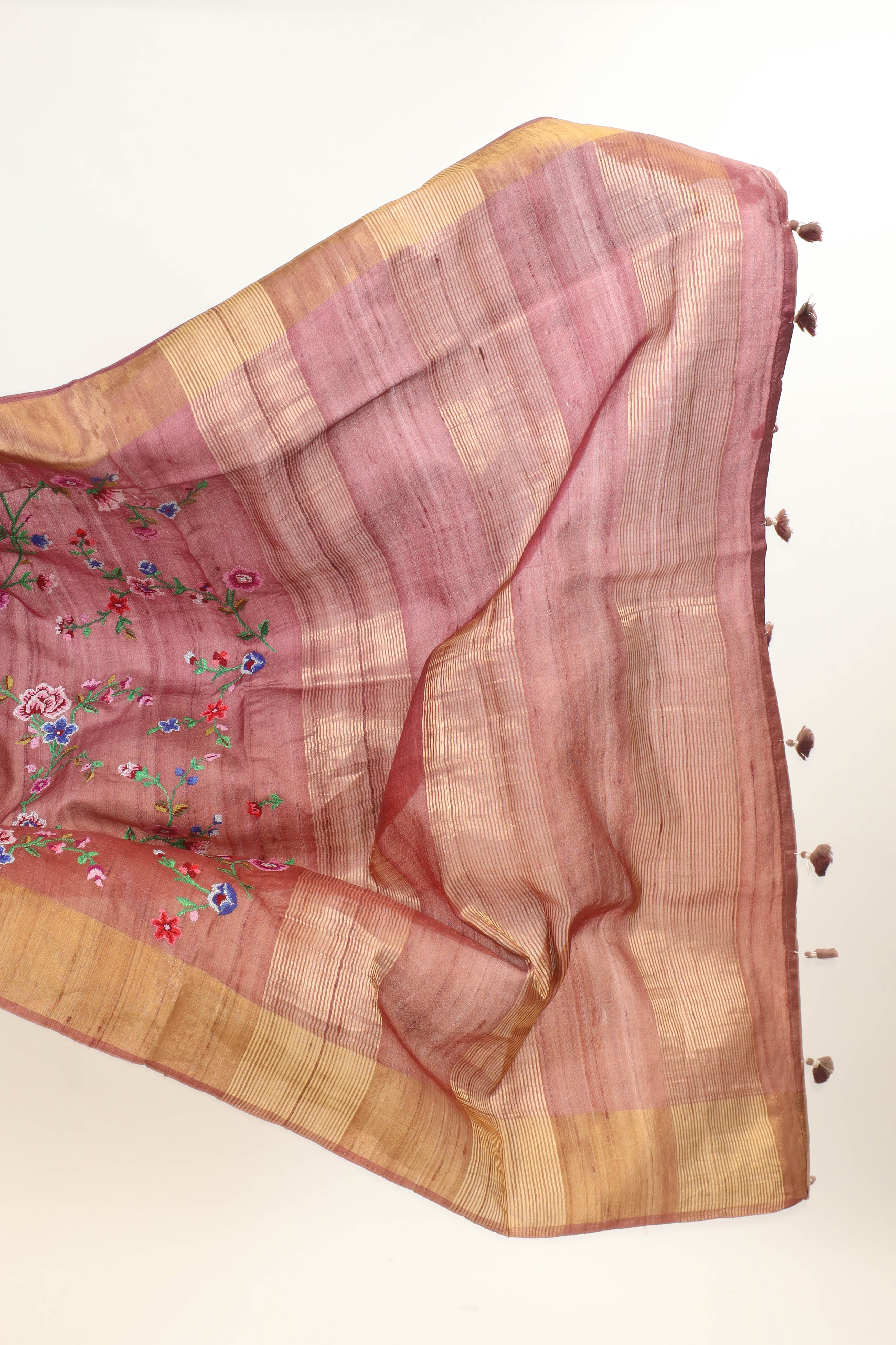Rose Gold Tussar Silk Saree with Intricate Machine Embroidery and Elegant Golden Border