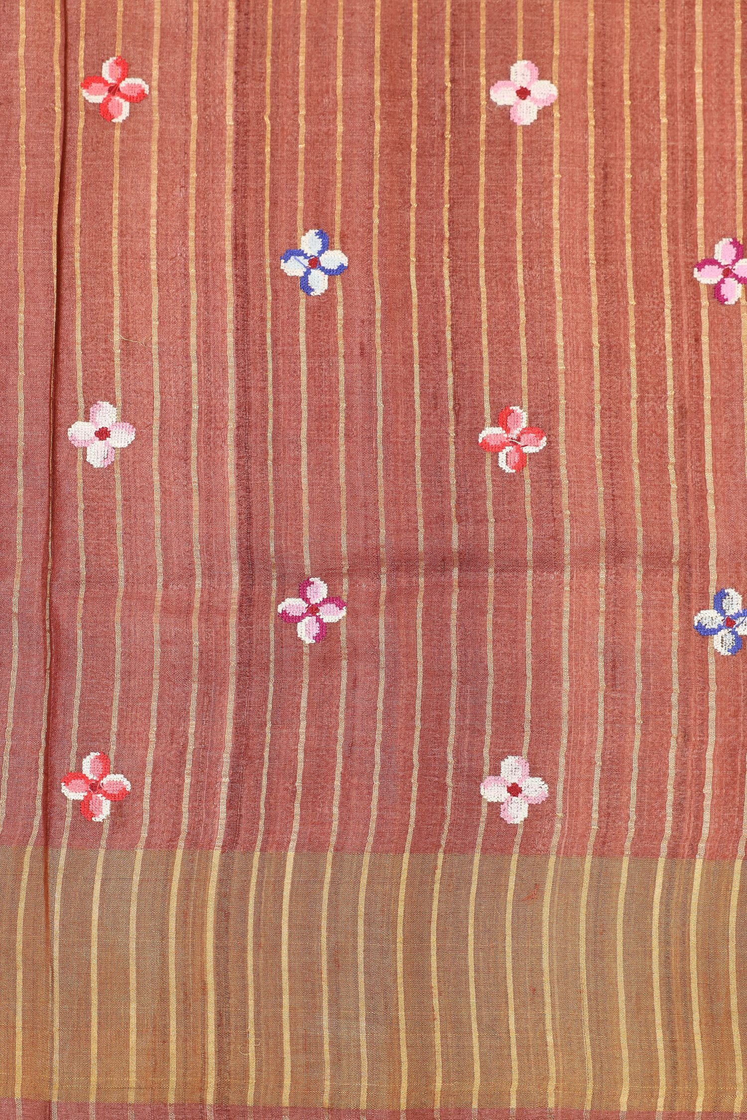 Rose Gold Tussar Silk Saree with Intricate Machine Embroidery and Elegant Golden Border