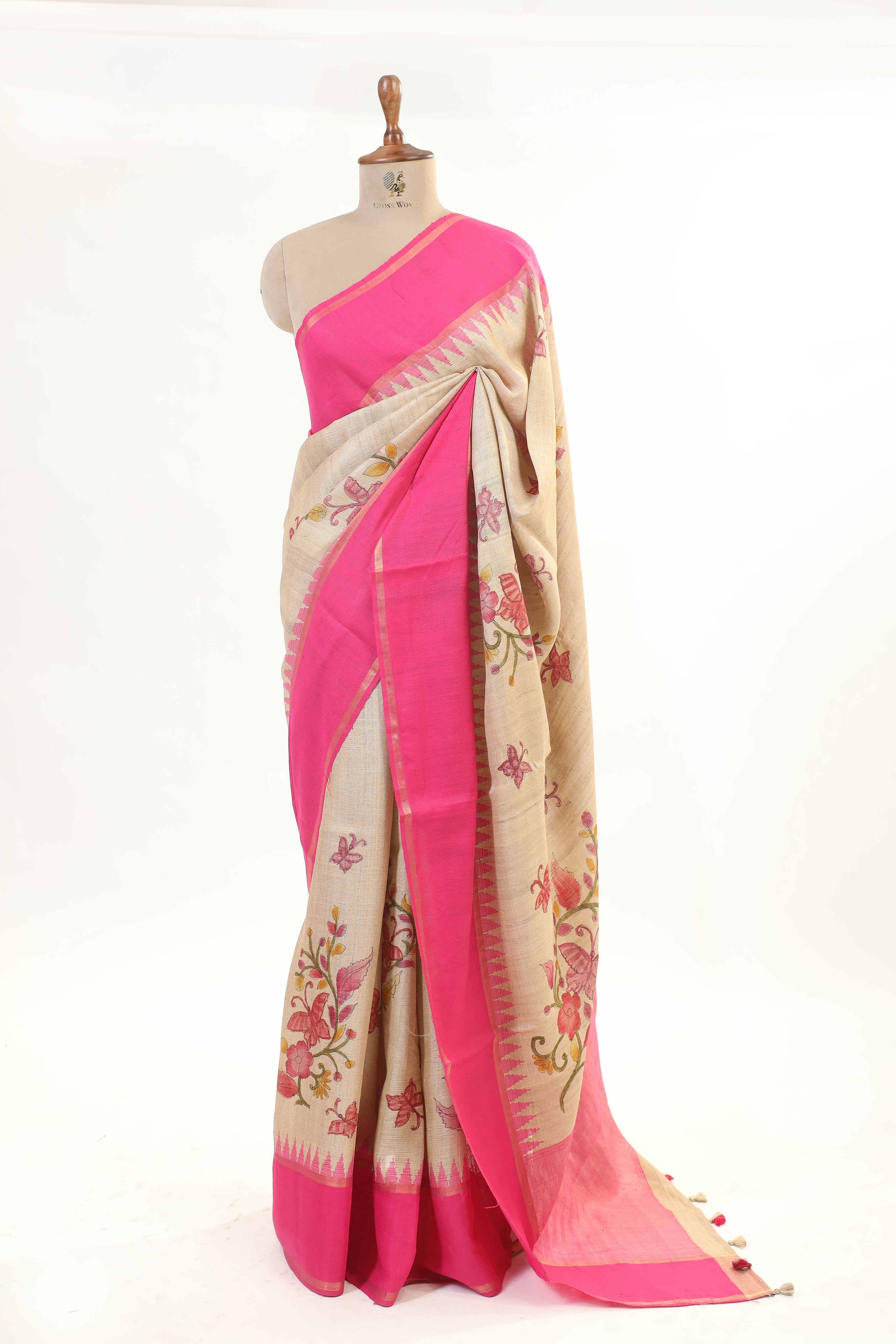 Beige And Pink Tusser Silk Saree With Handbrush Floral Work