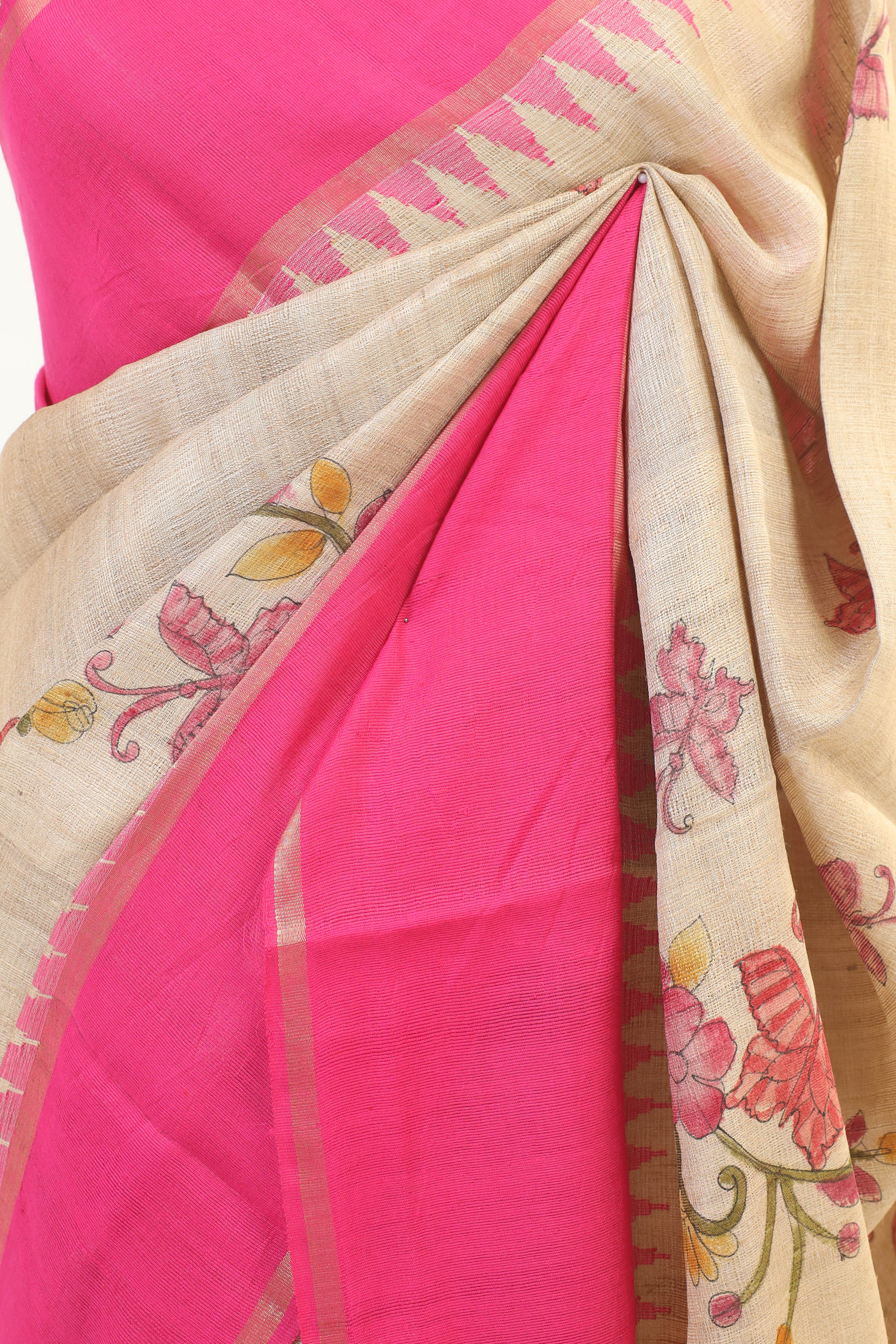 Beige And Pink Tusser Silk Saree With Handbrush Floral Work