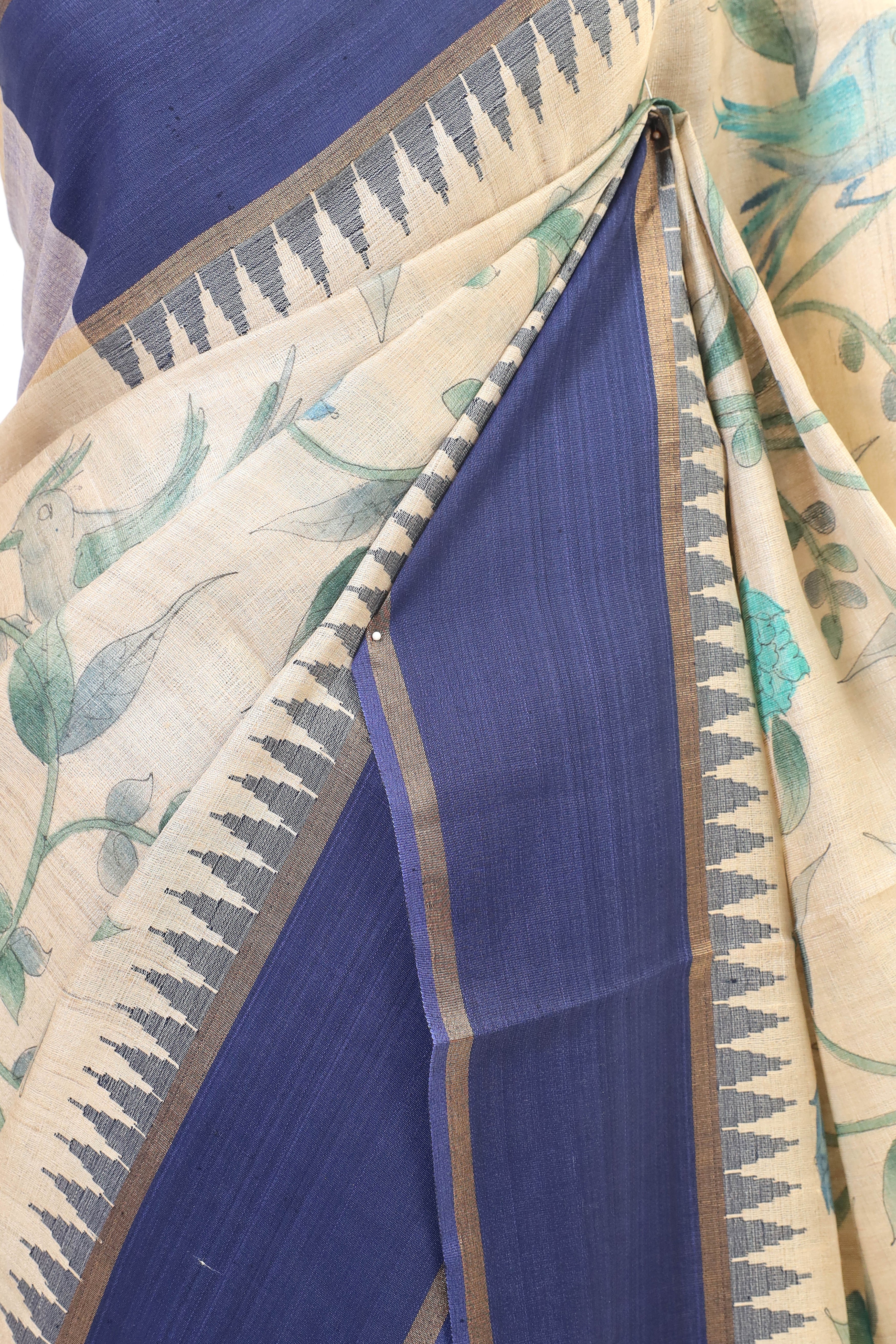Beige And Navy Tusser Silk Saree With Handbrush Floral Work