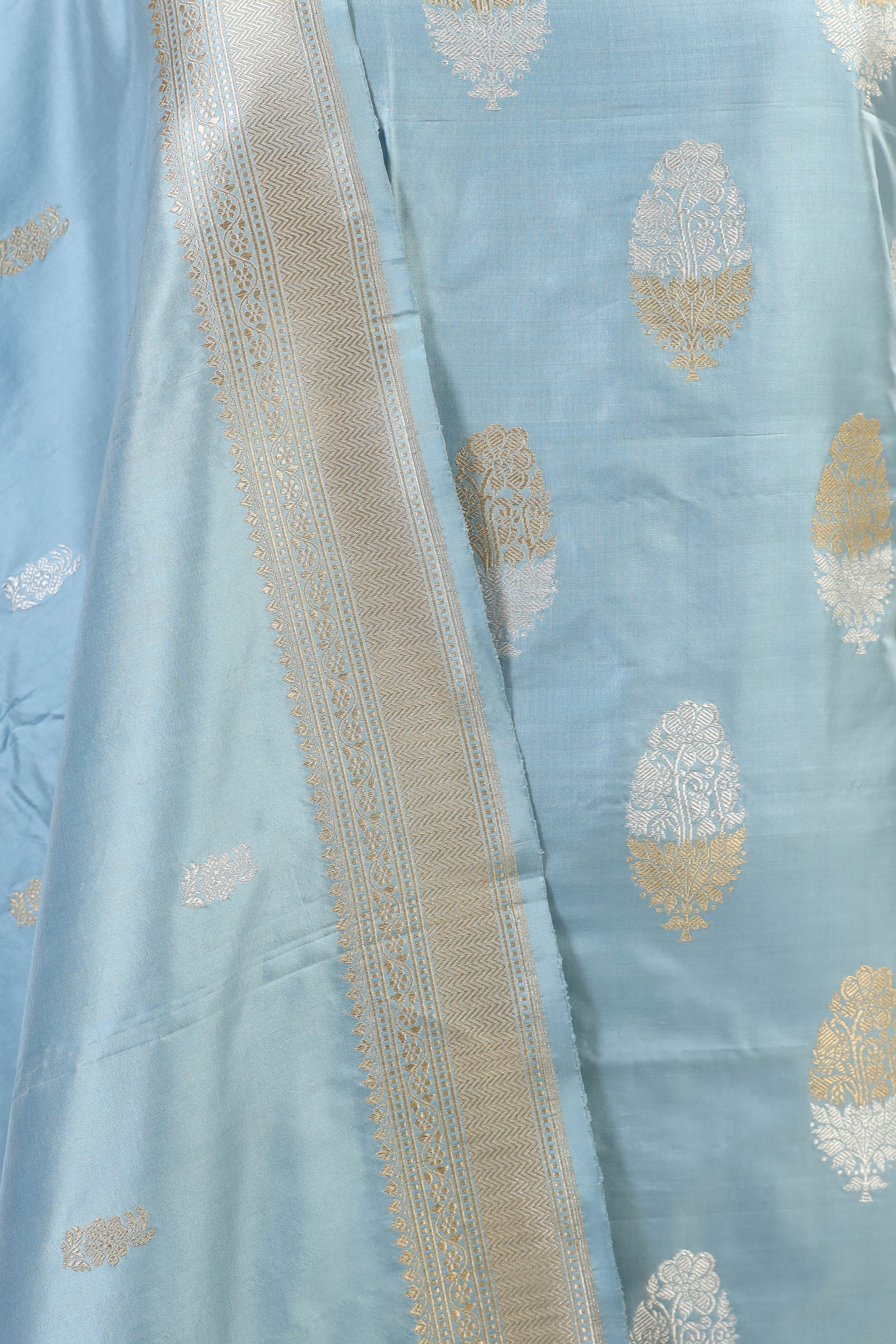 Powder Blue Katan Silk Suit Set With Handwoven Dupatta