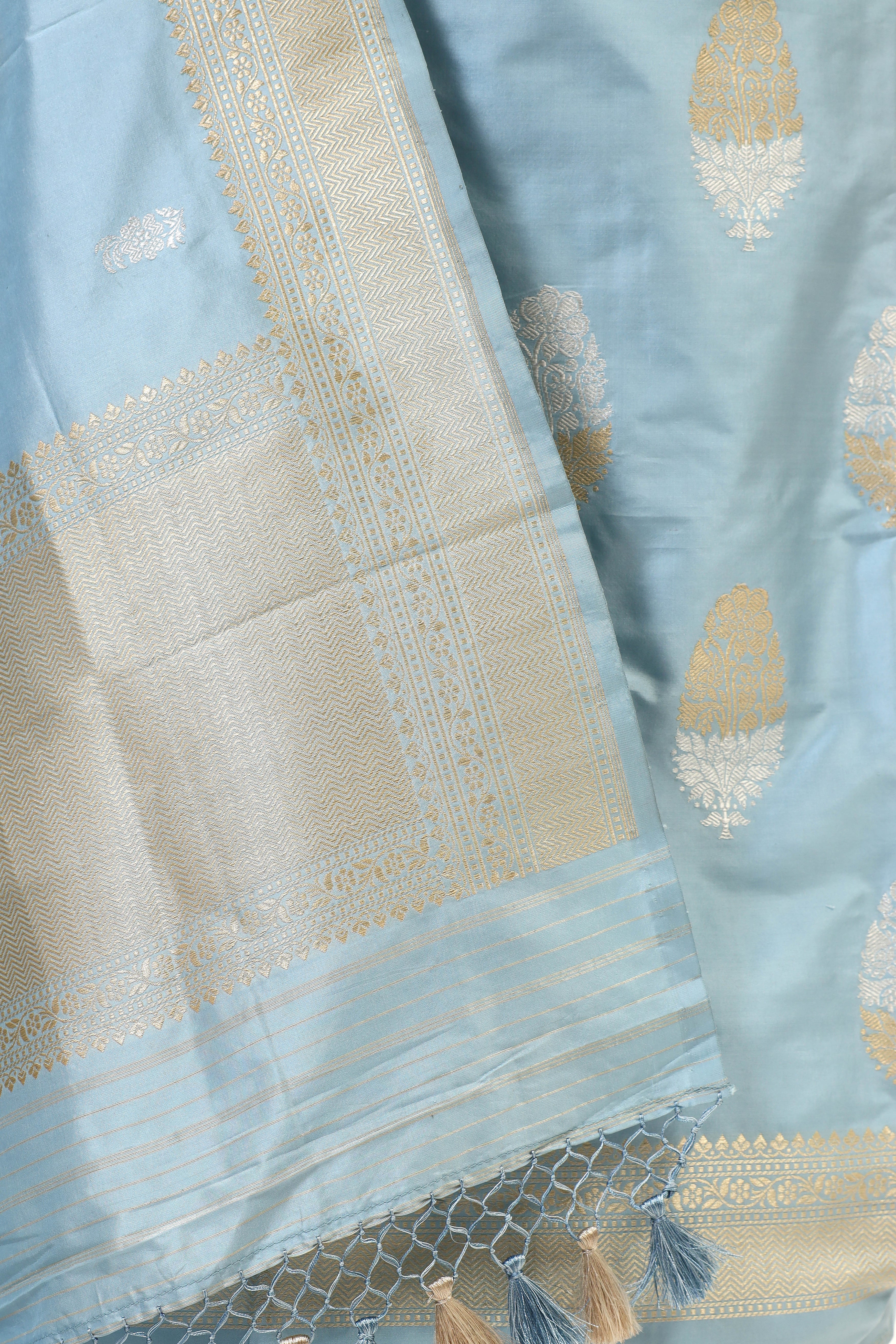 Powder Blue Katan Silk Suit Set With Handwoven Dupatta