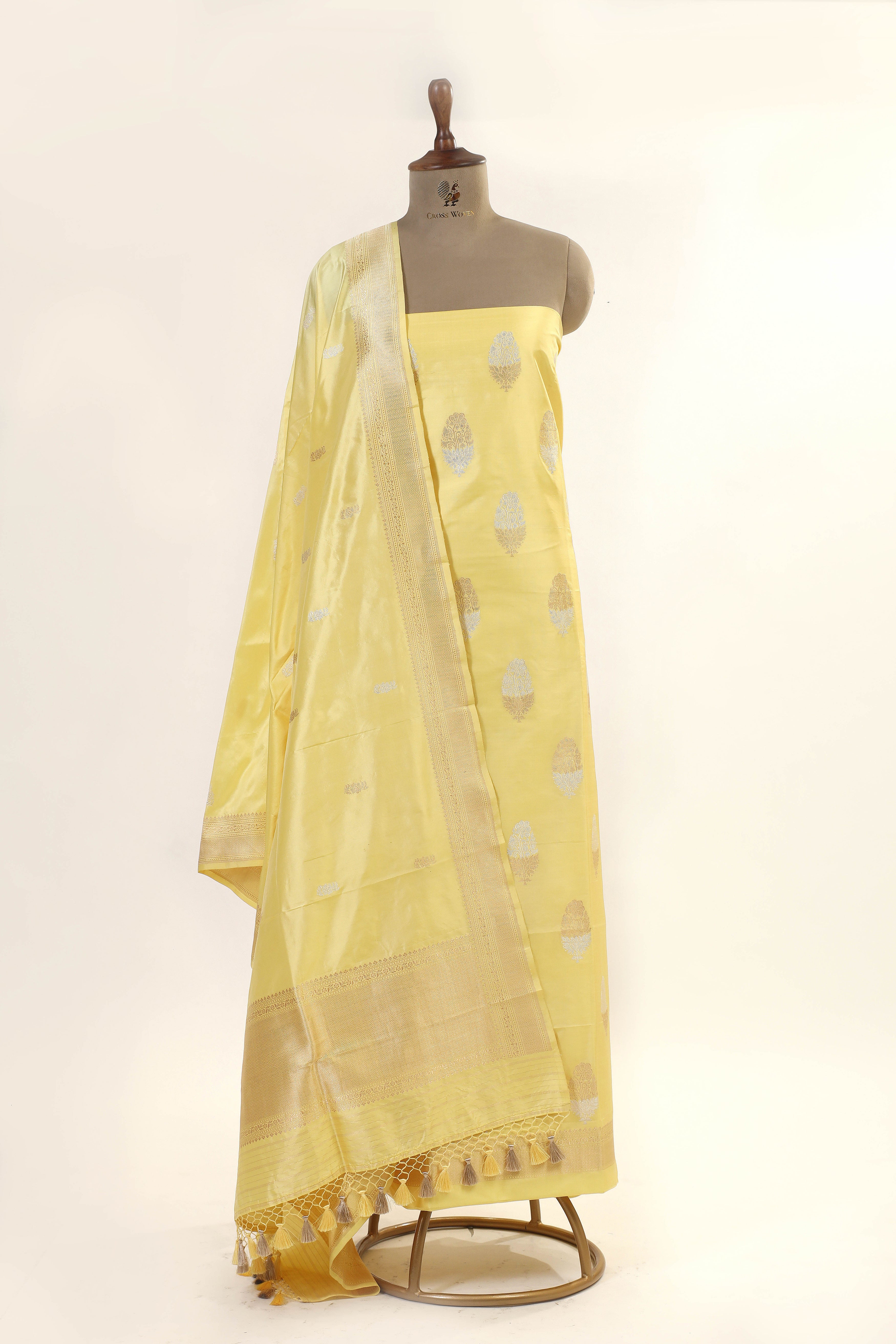 Pastel Yellow Katan Silk Suit Set With Handwoven Dupatta