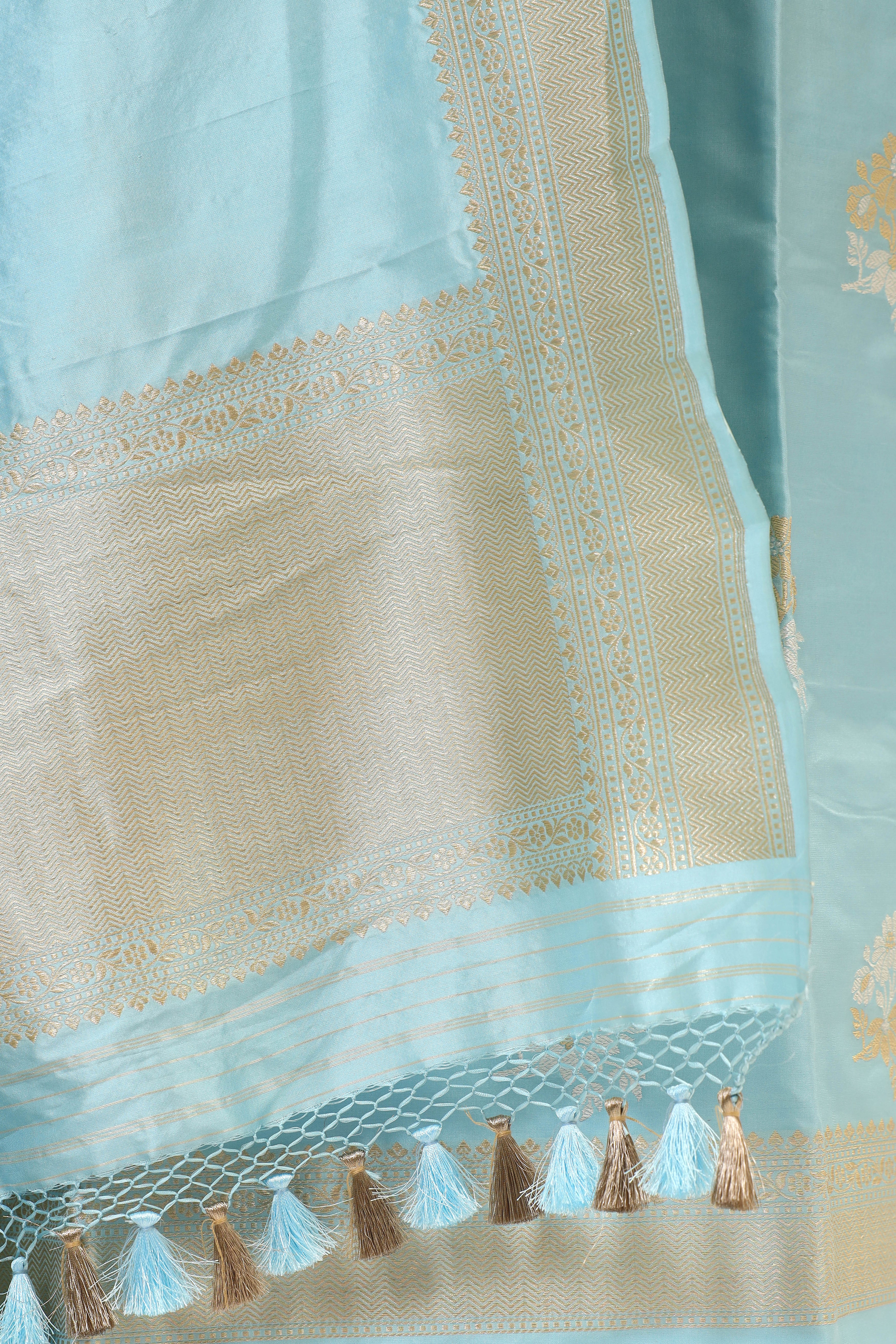 Pastel Blue Katan Silk Suit Set With Handwoven Dupatta