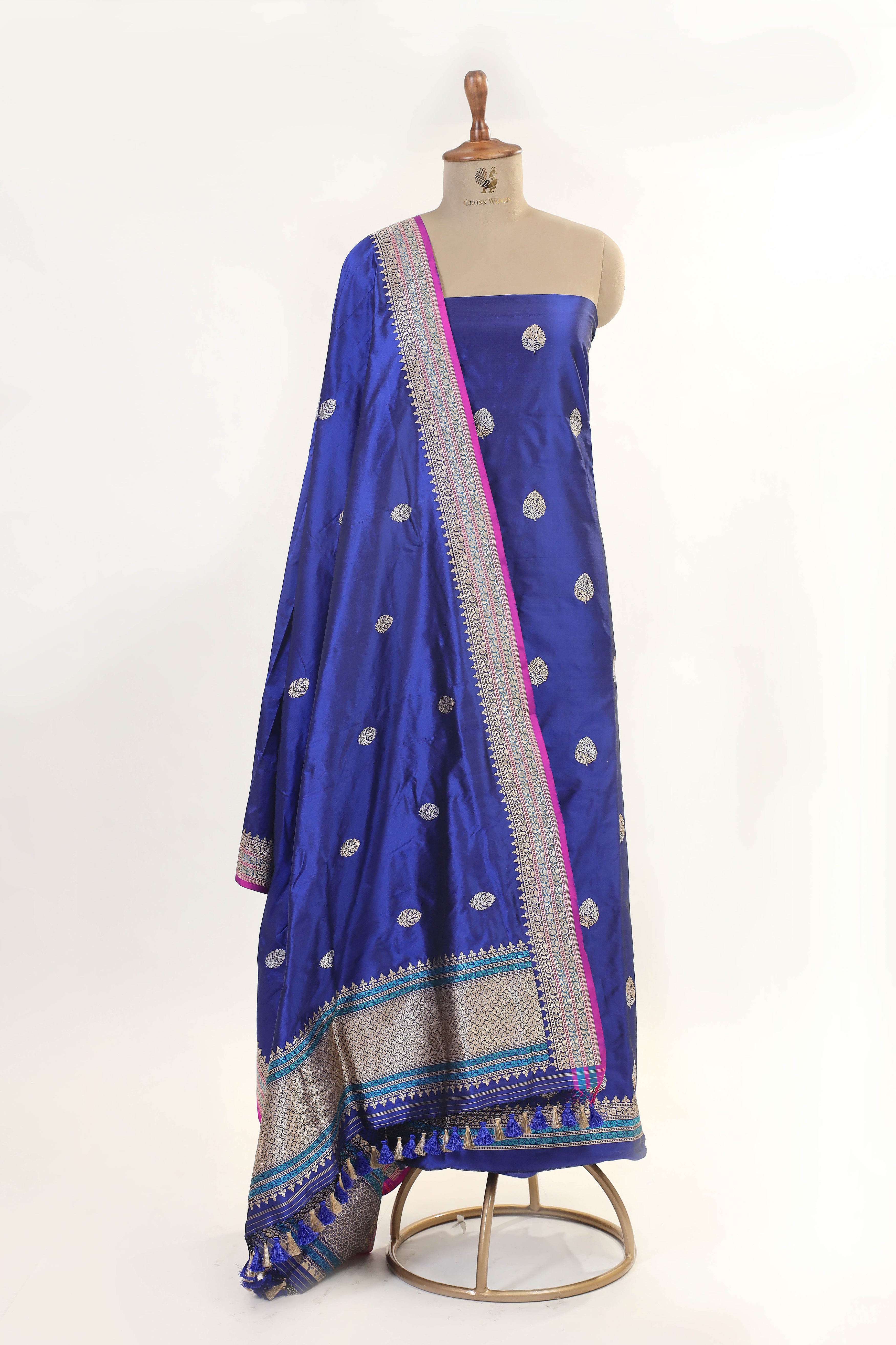 Royal Blue Katan Silk Suit Set With Sona Rupa Floral Motifs