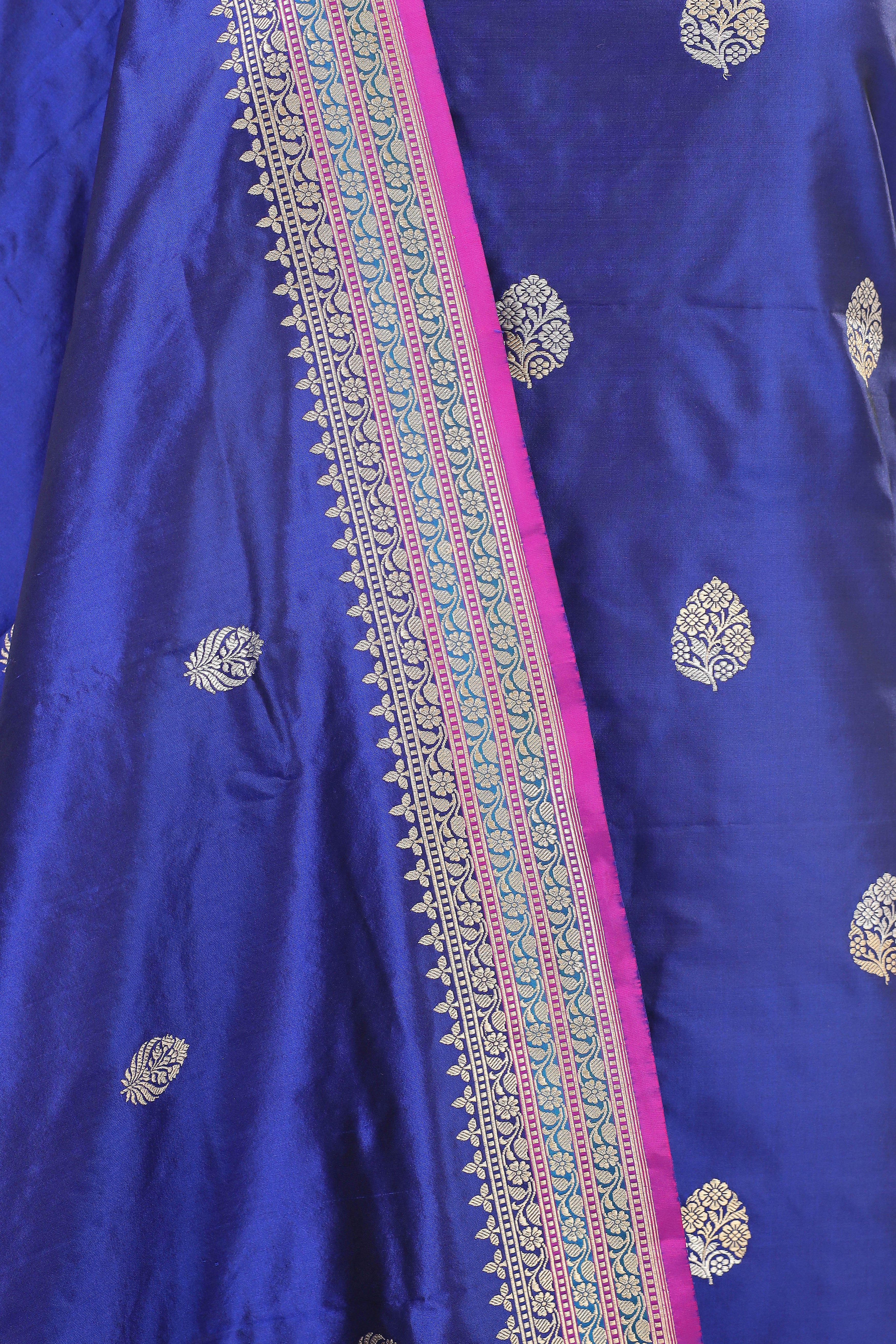 Royal Blue Katan Silk Suit Set With Sona Rupa Floral Motifs
