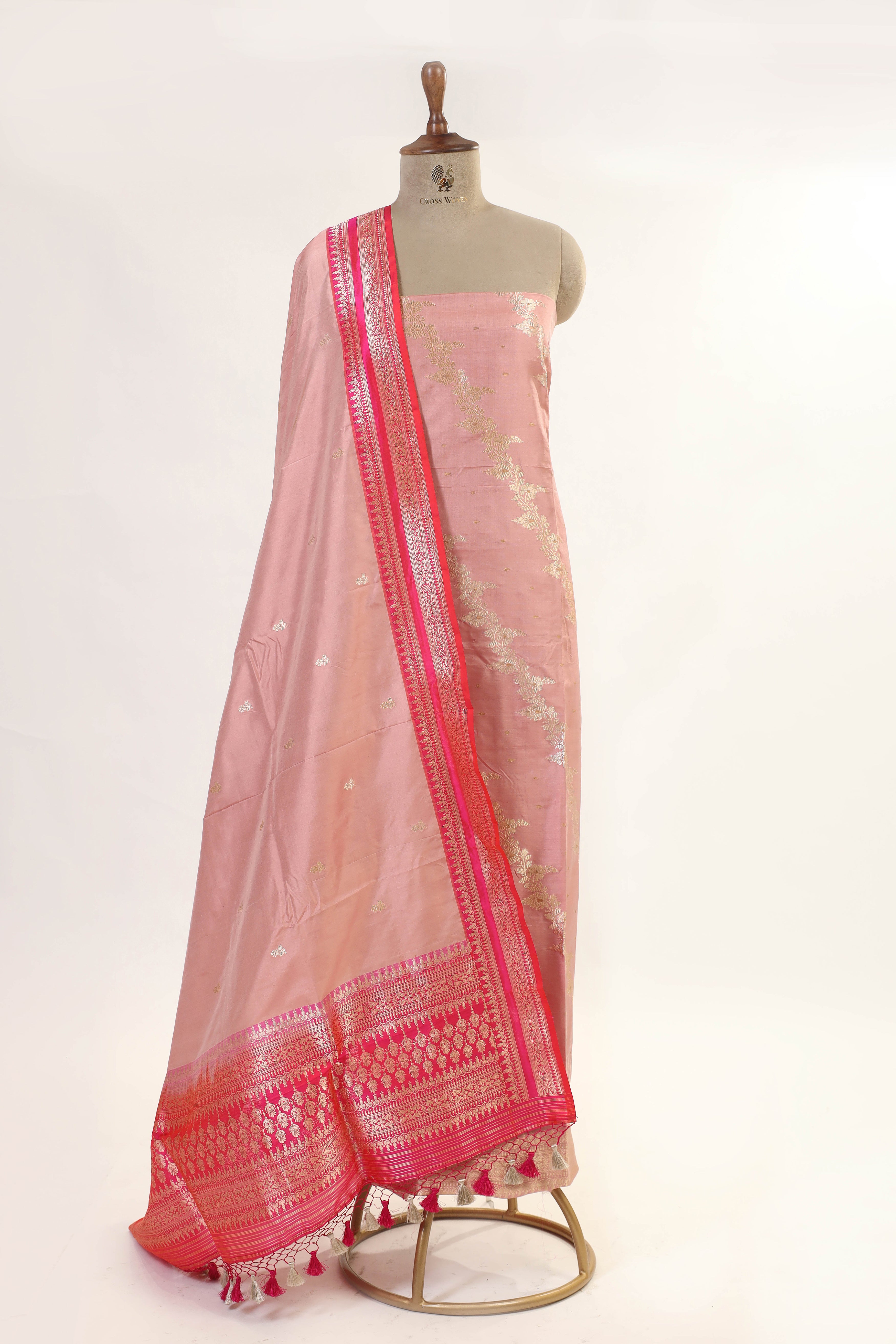 Dusty Rose Katan Silk Suit with Kadhwa Zari Weaving & Contrast Border Dupatta