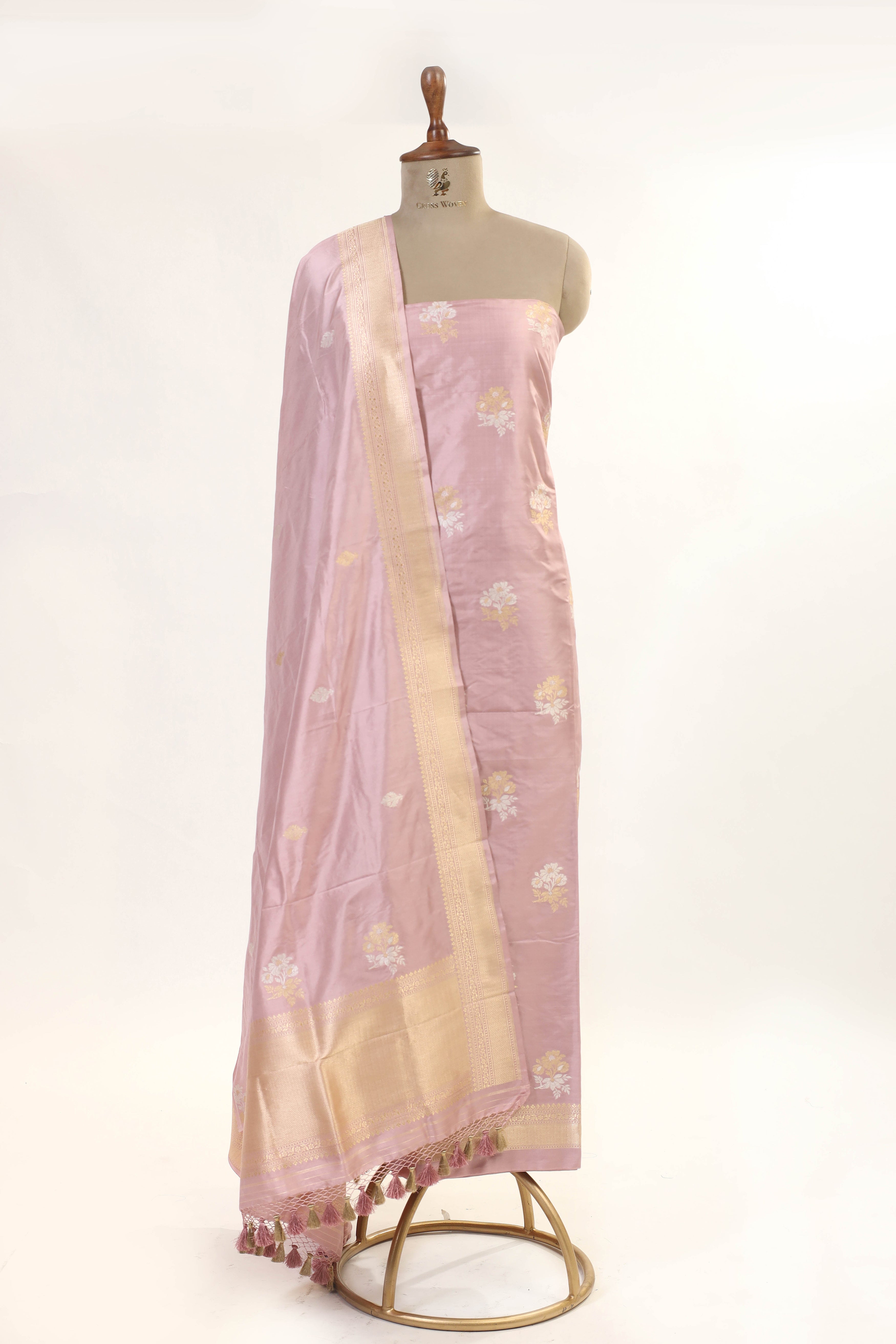 Dusty Pink Katan Silk Suit Set With Handwoven Dupatta