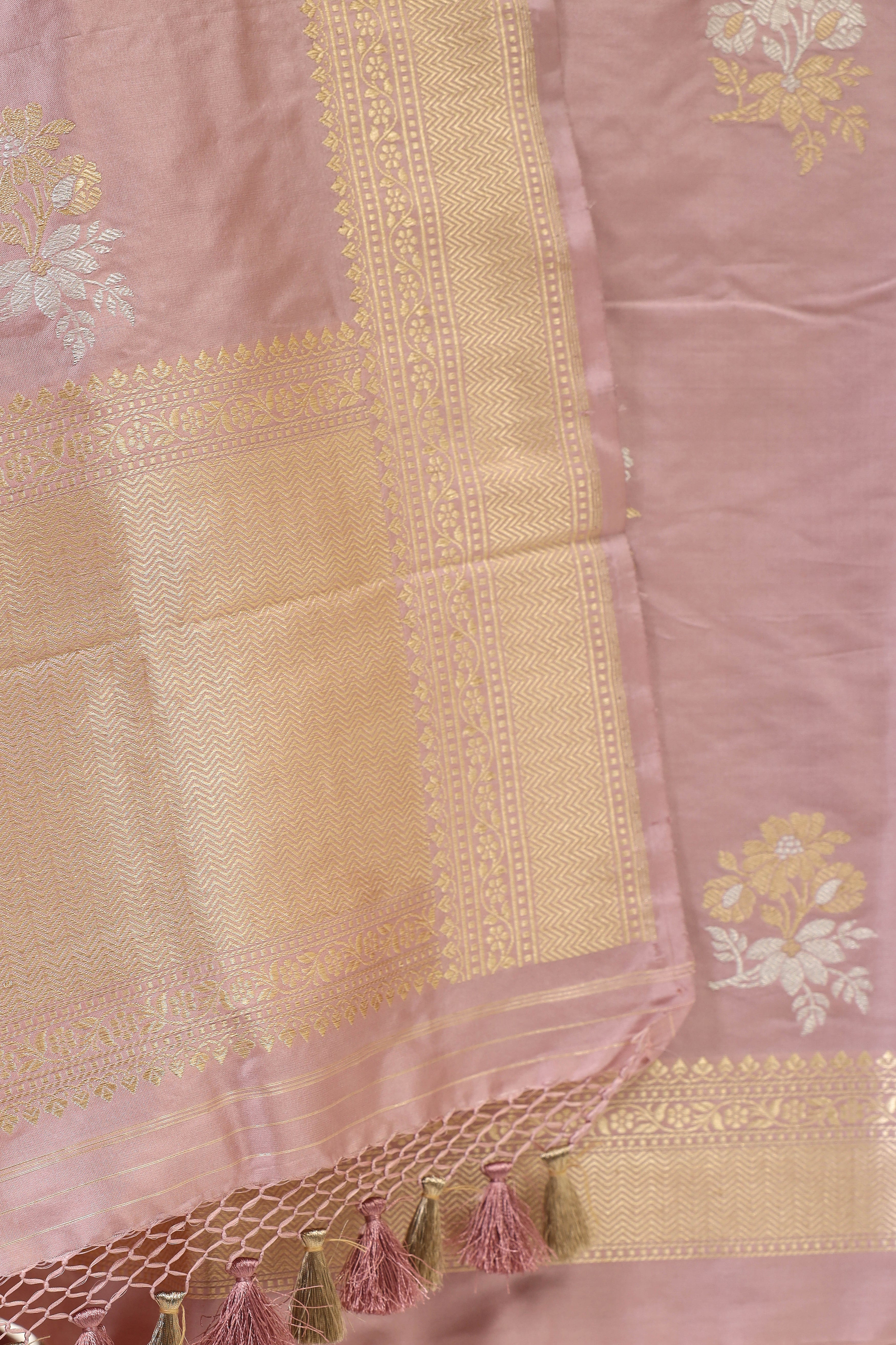 Dusty Pink Katan Silk Suit Set With Handwoven Dupatta
