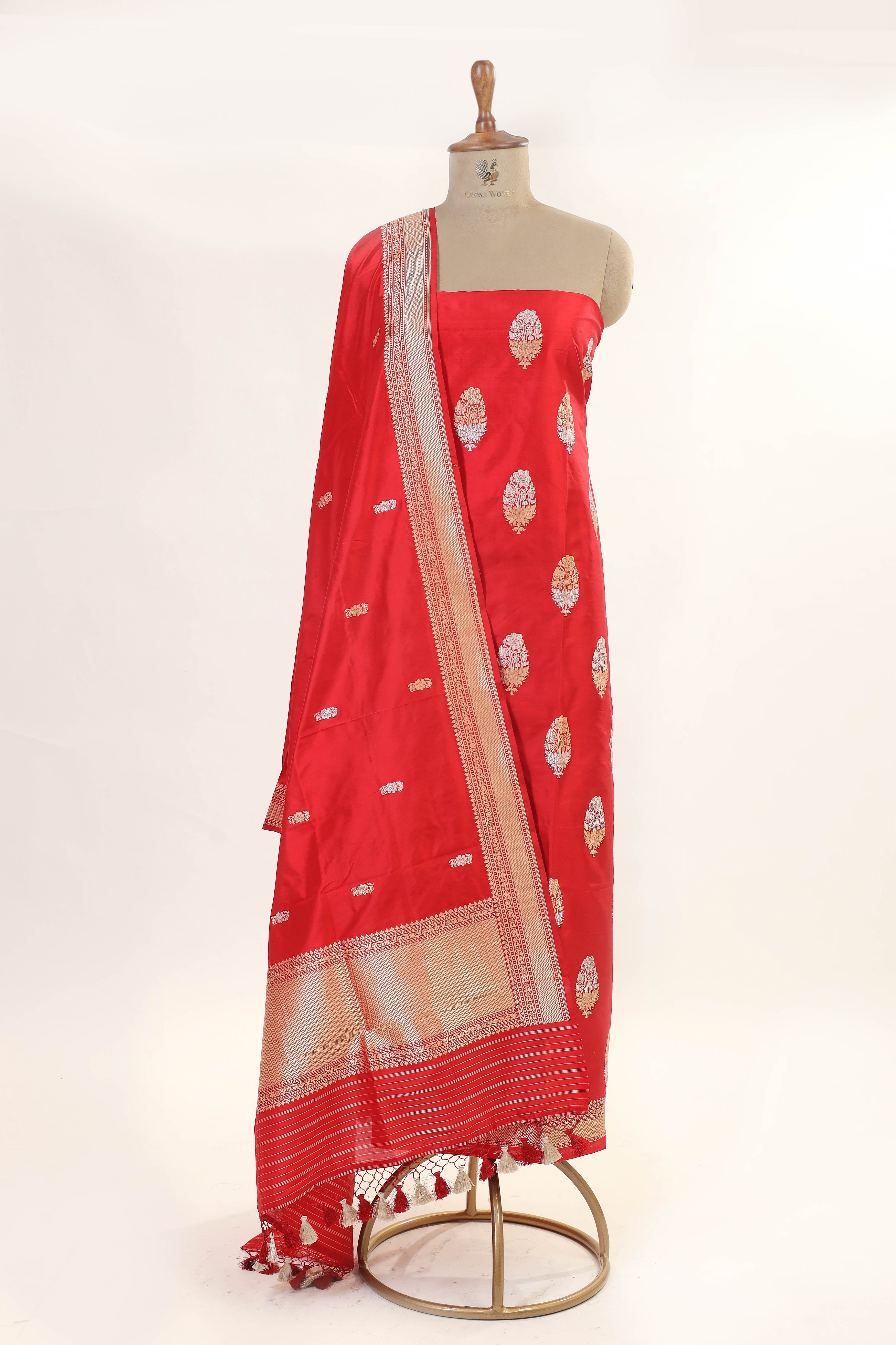 Red Katan Silk Suit Set With Handwoven Dupatta