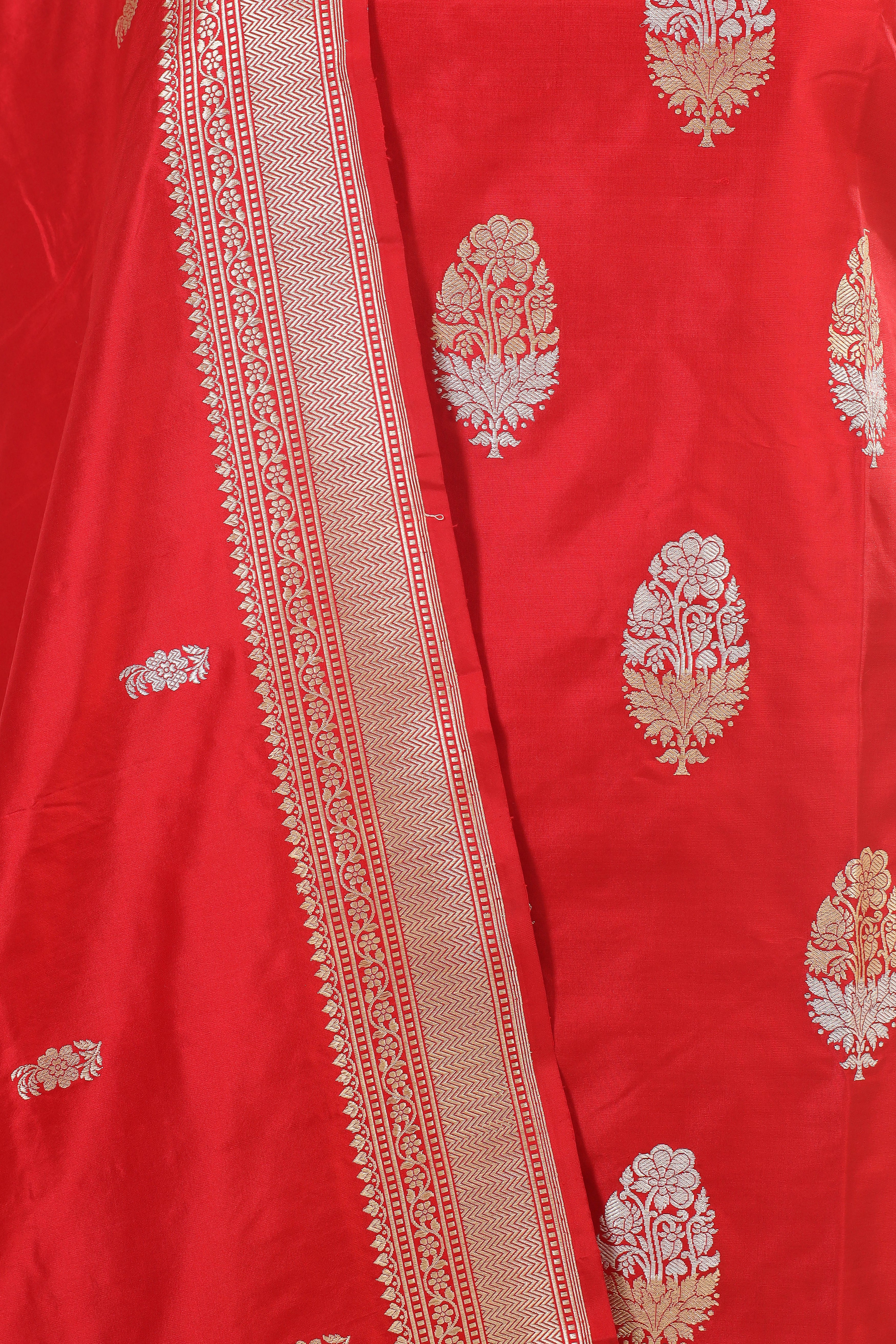 Red Katan Silk Suit Set With Handwoven Dupatta