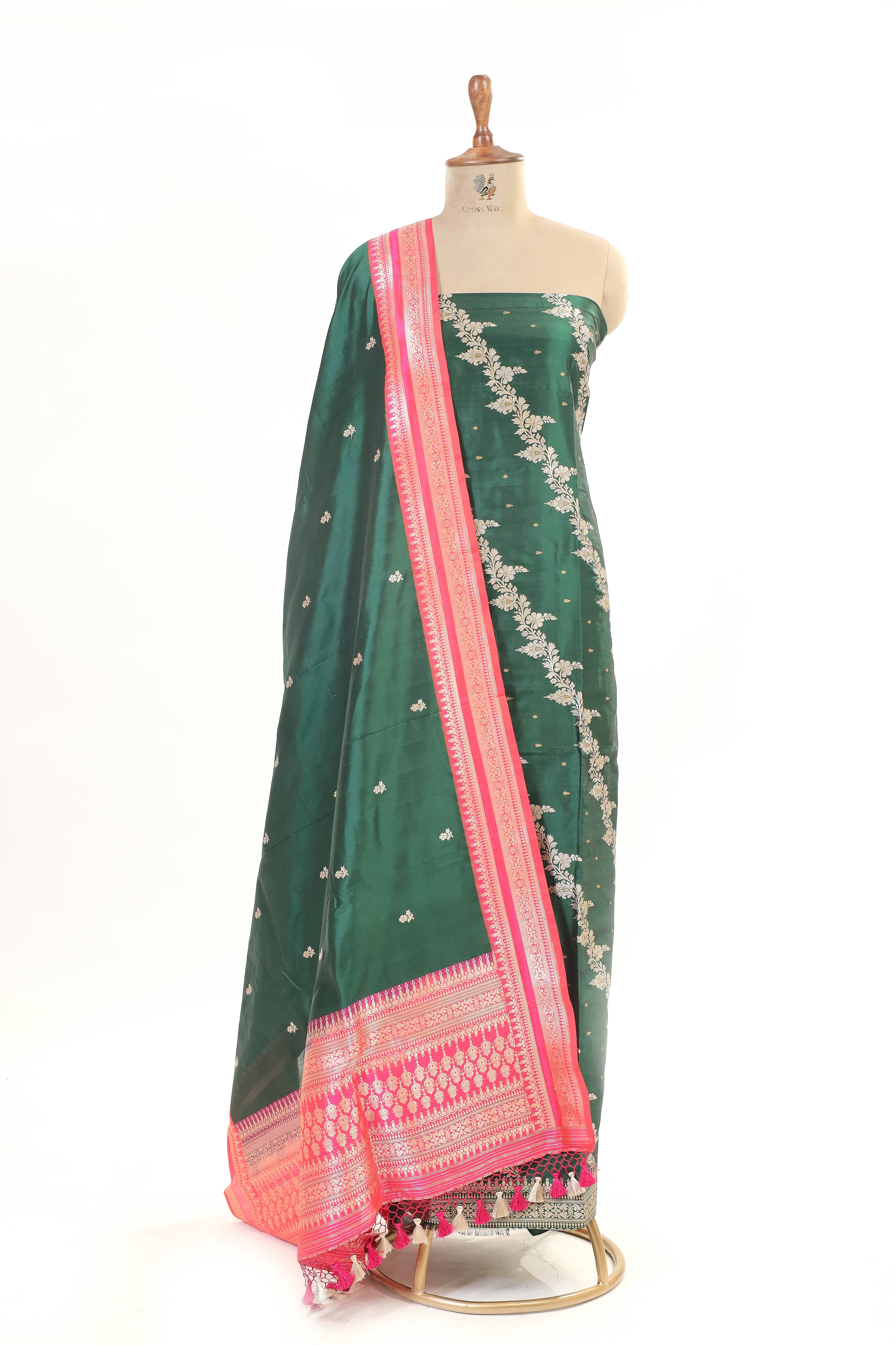 Bottle Green Katan Silk Suit with Kadhwa Zari Weaving & Contrast Border Dupatta