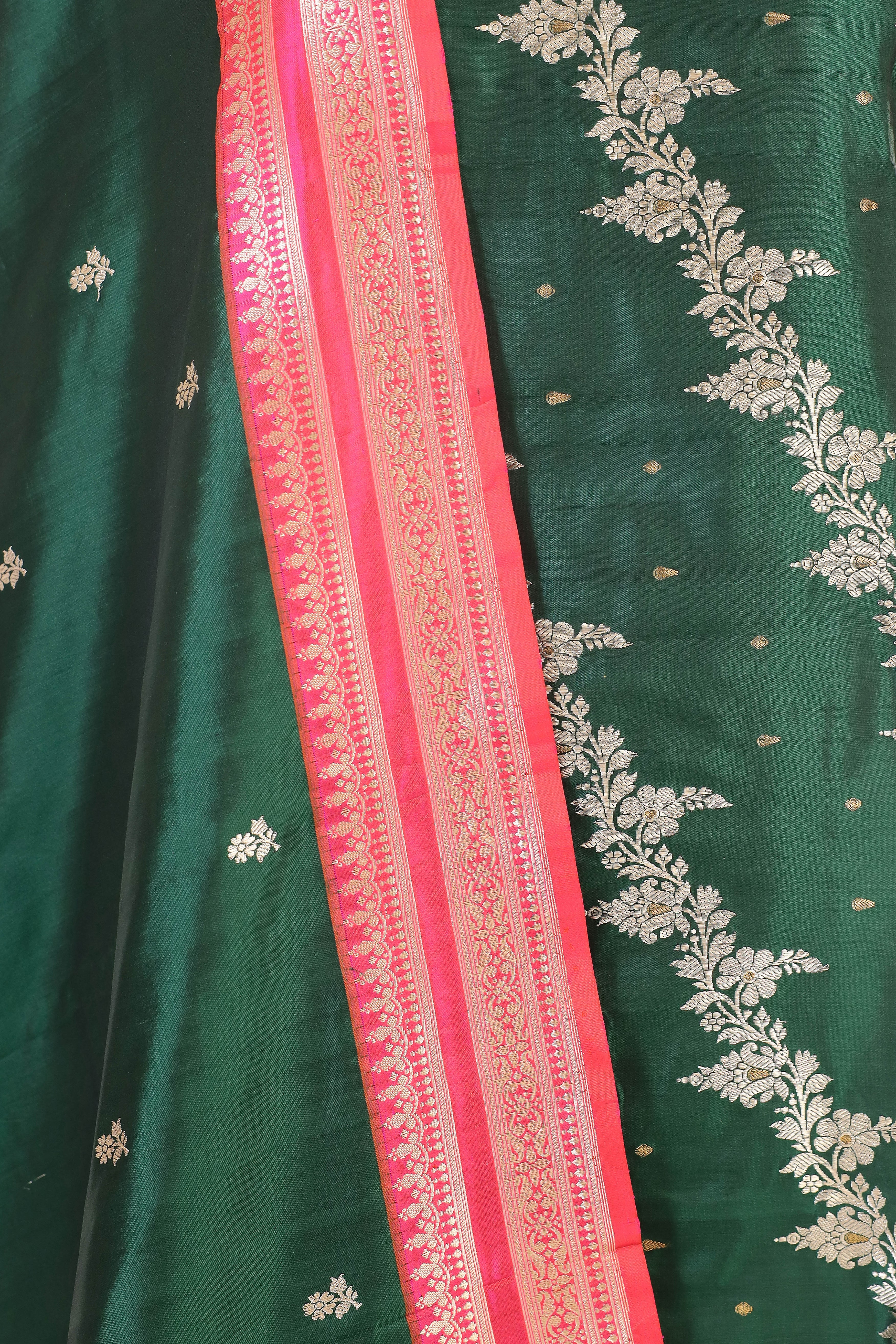 Bottle Green Katan Silk Suit with Kadhwa Zari Weaving & Contrast Border Dupatta