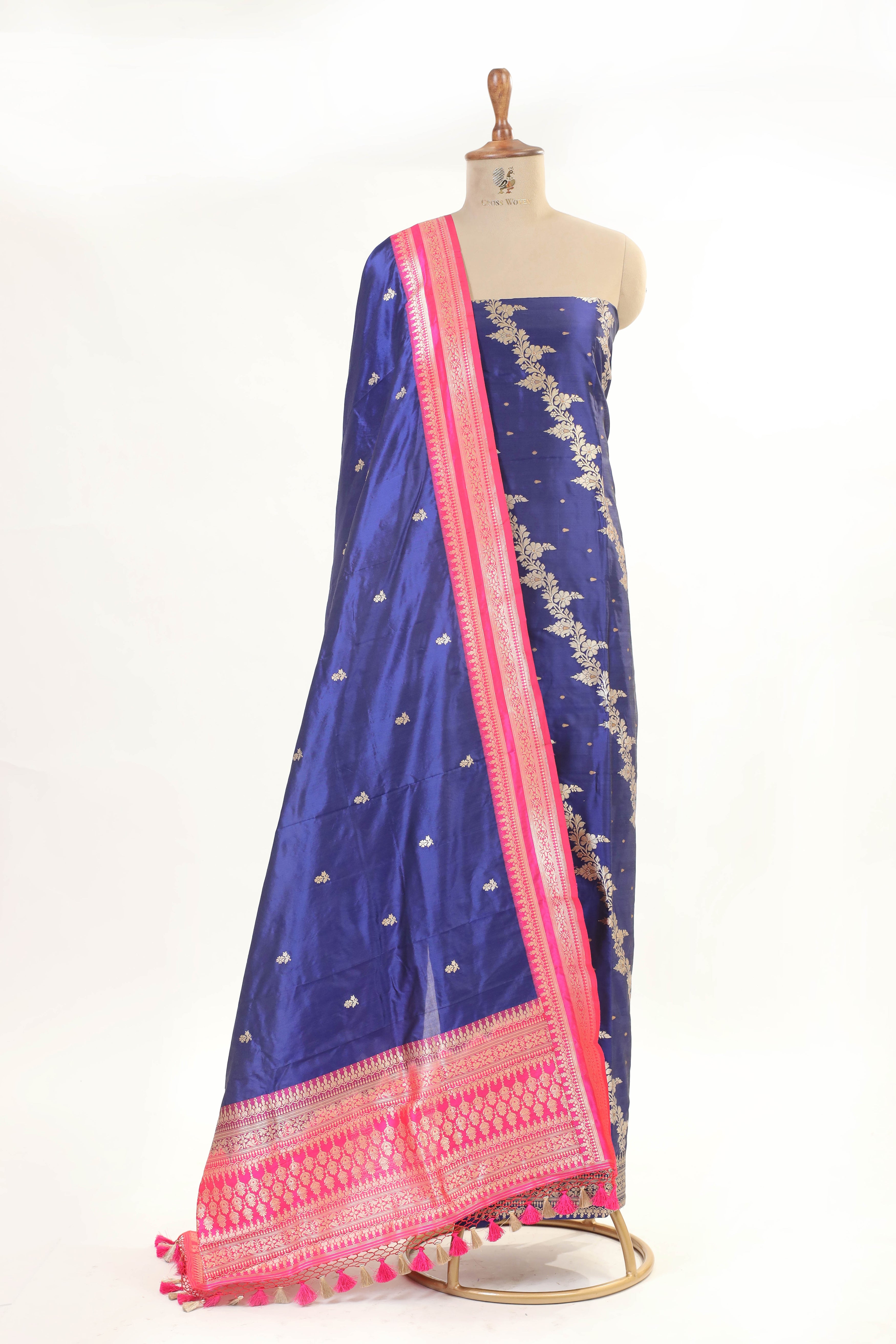 Electric Blue Katan Silk Suit with Kadhwa Zari Weaving & Contrast Border Dupatta