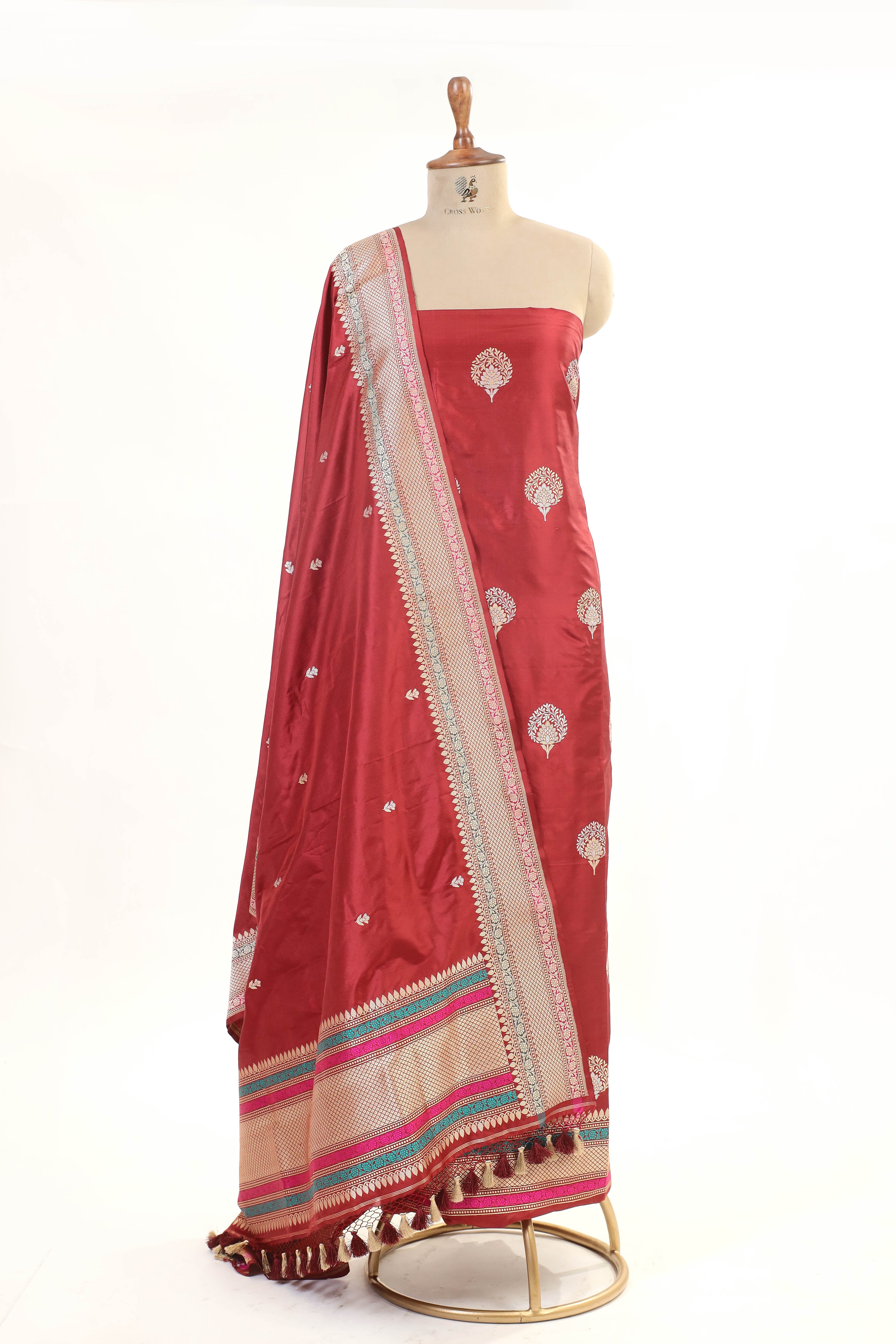 Deep Red Katan Silk Suit Set with Kadhwa Weaving Dupatta