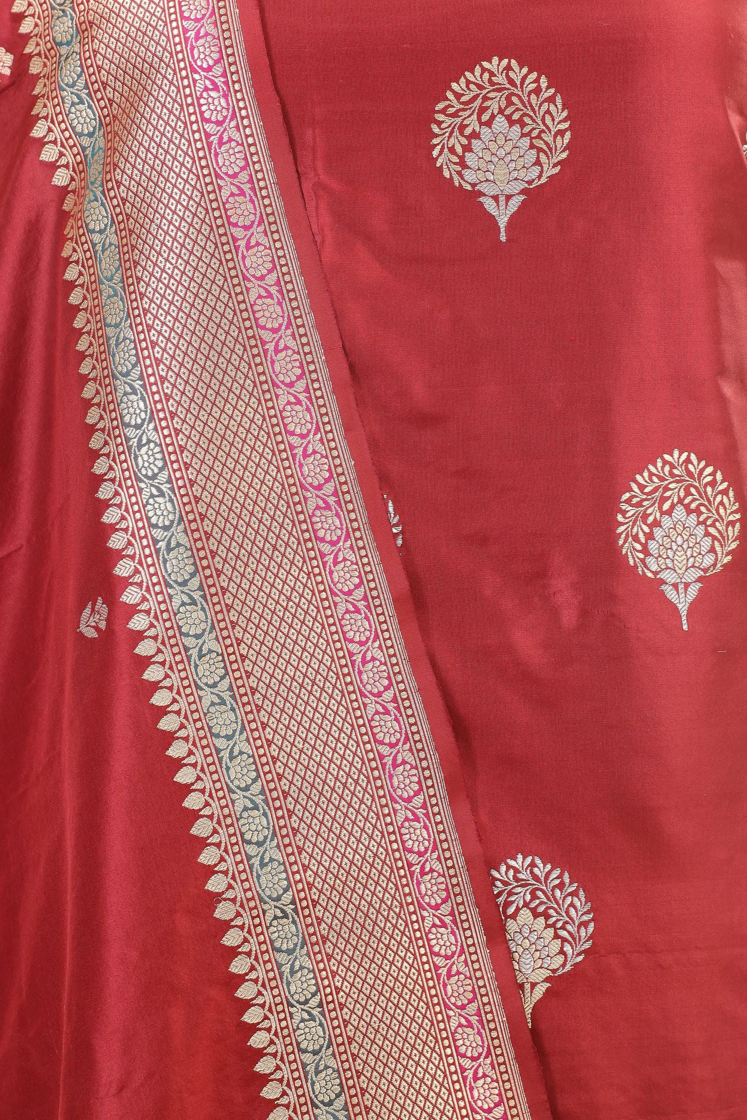 Deep Red Katan Silk Suit Set with Kadhwa Weaving Dupatta