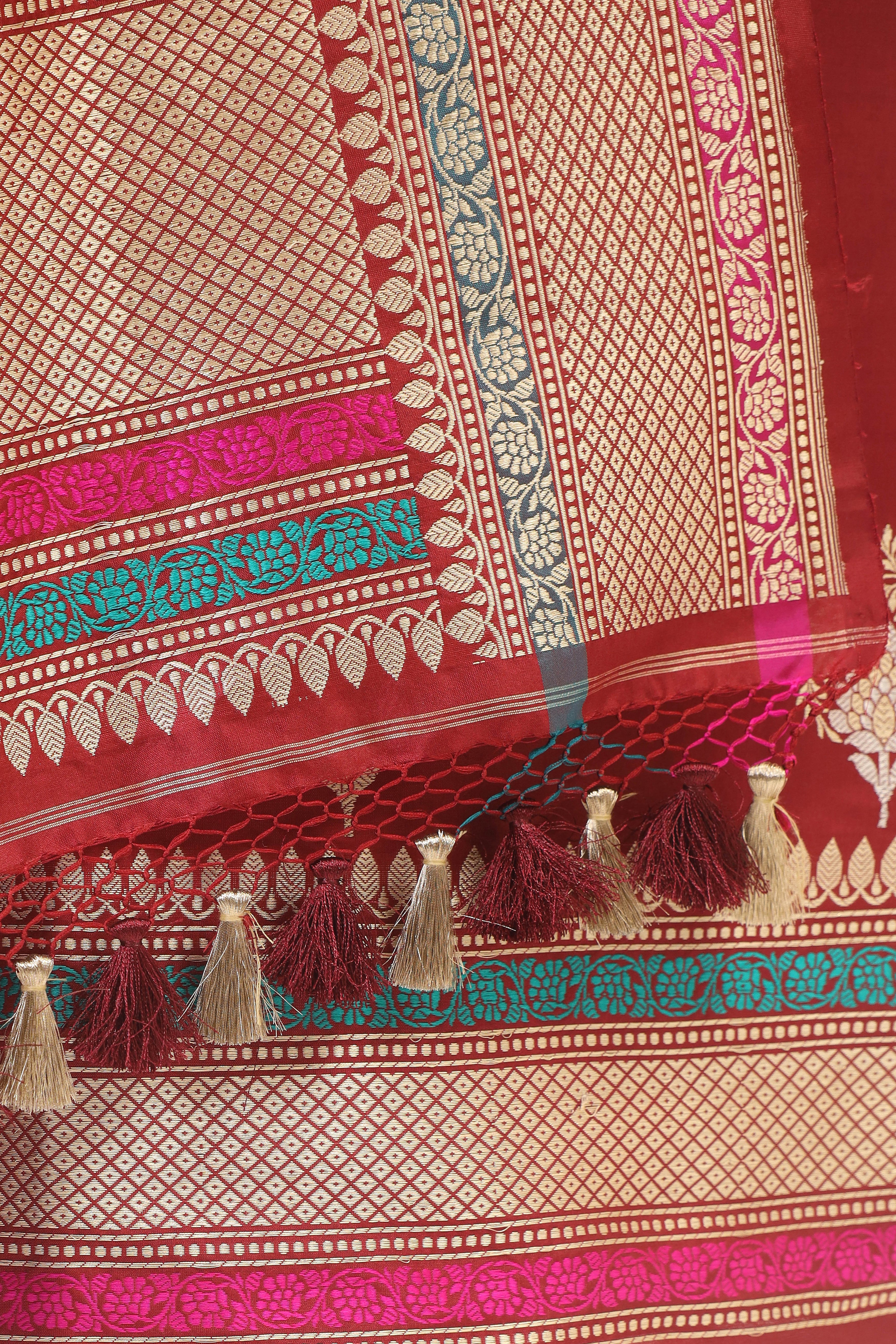 Deep Red Katan Silk Suit Set with Kadhwa Weaving Dupatta