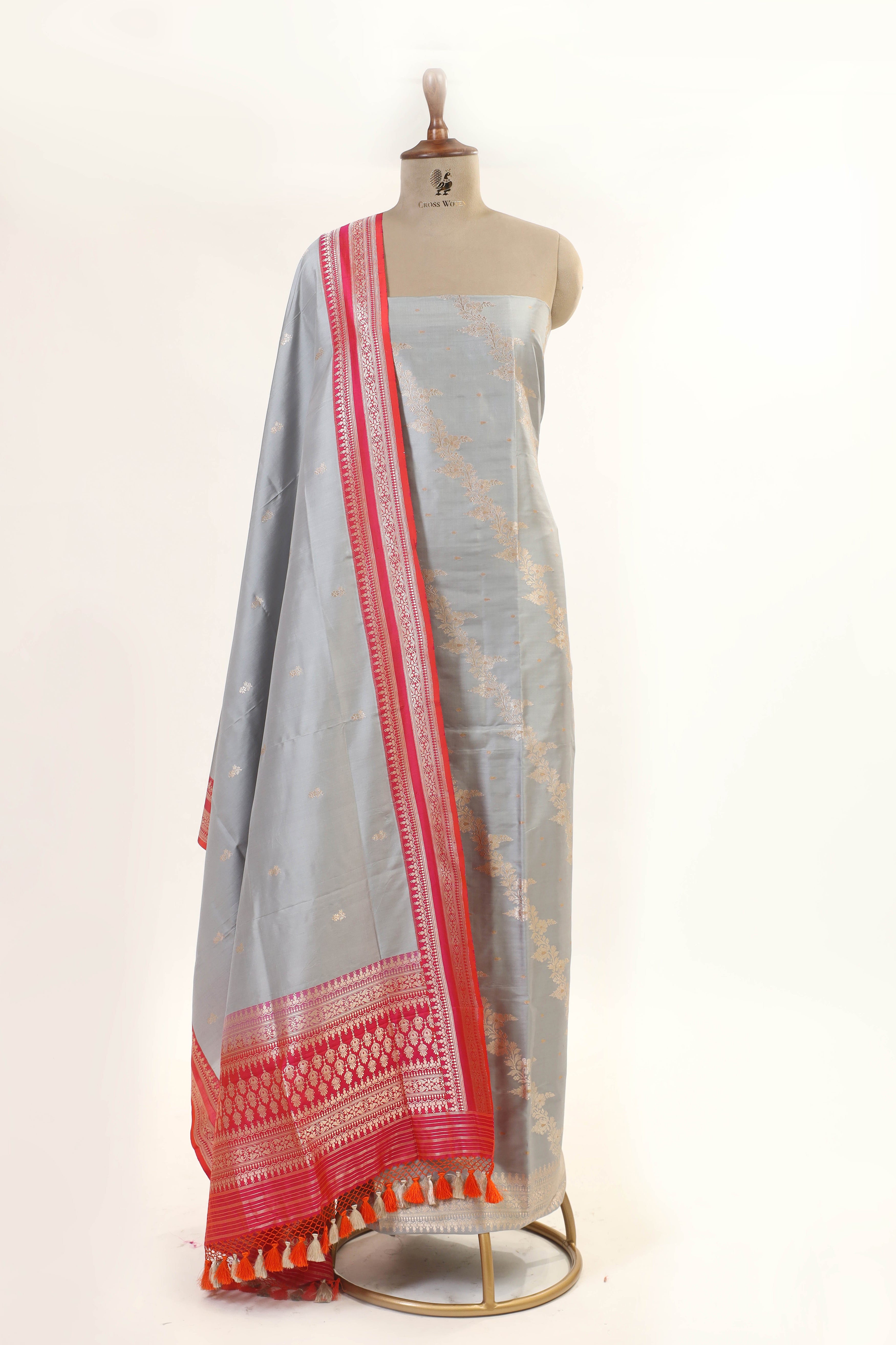 Gray Katan Silk Suit with Kadhwa Zari Weaving & Contrast Border Dupatta