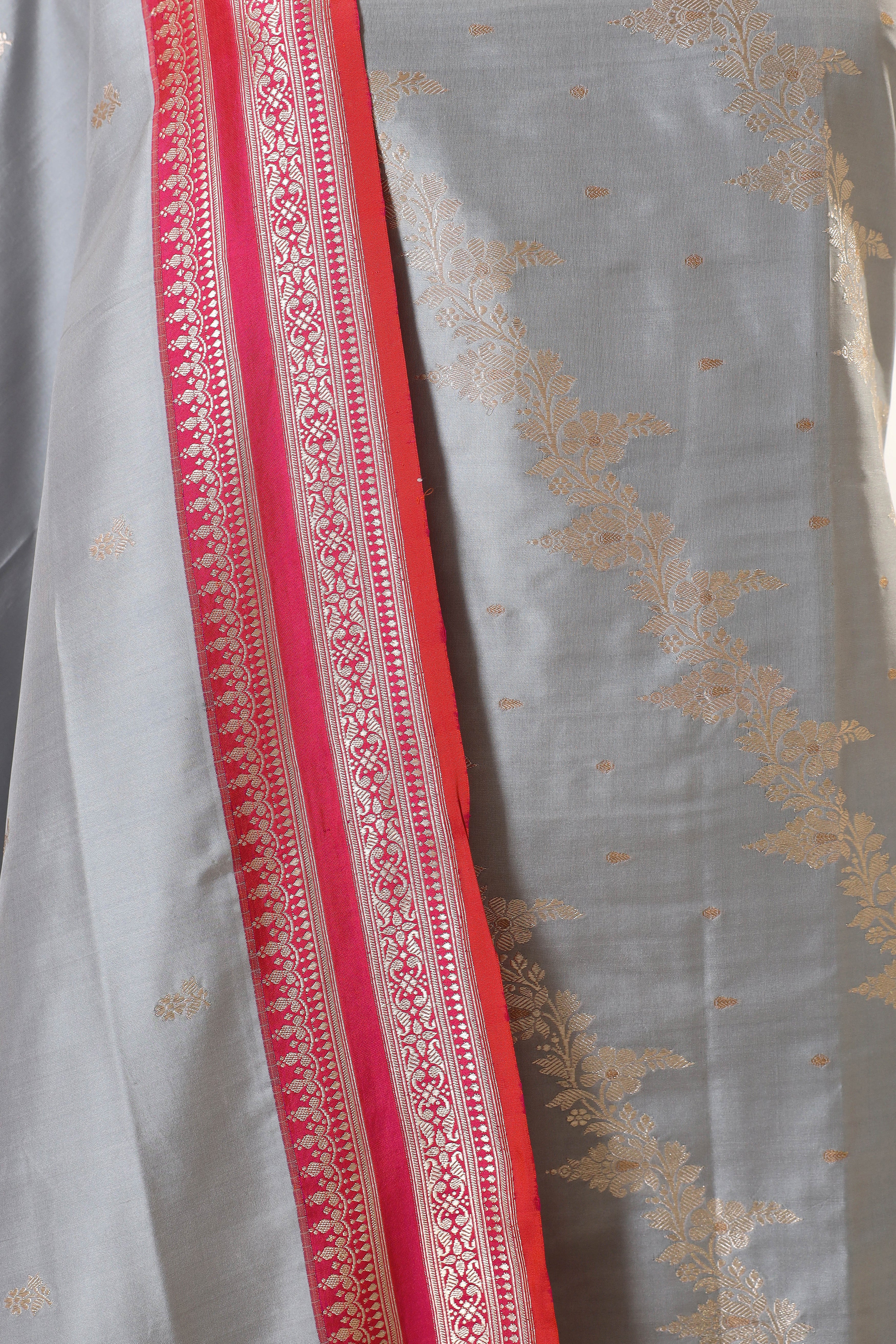 Gray Katan Silk Suit with Kadhwa Zari Weaving & Contrast Border Dupatta