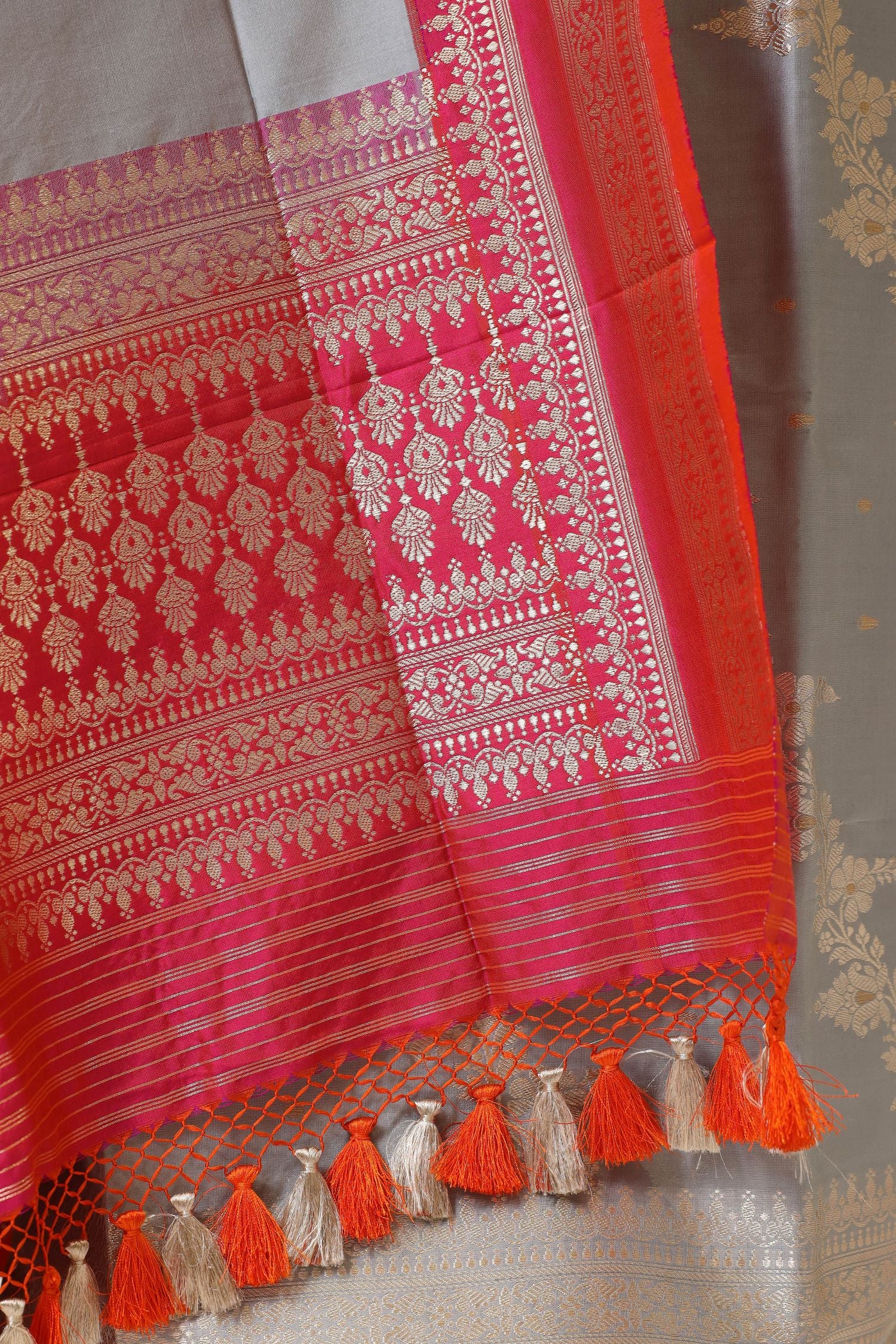 Gray Katan Silk Suit with Kadhwa Zari Weaving & Contrast Border Dupatta