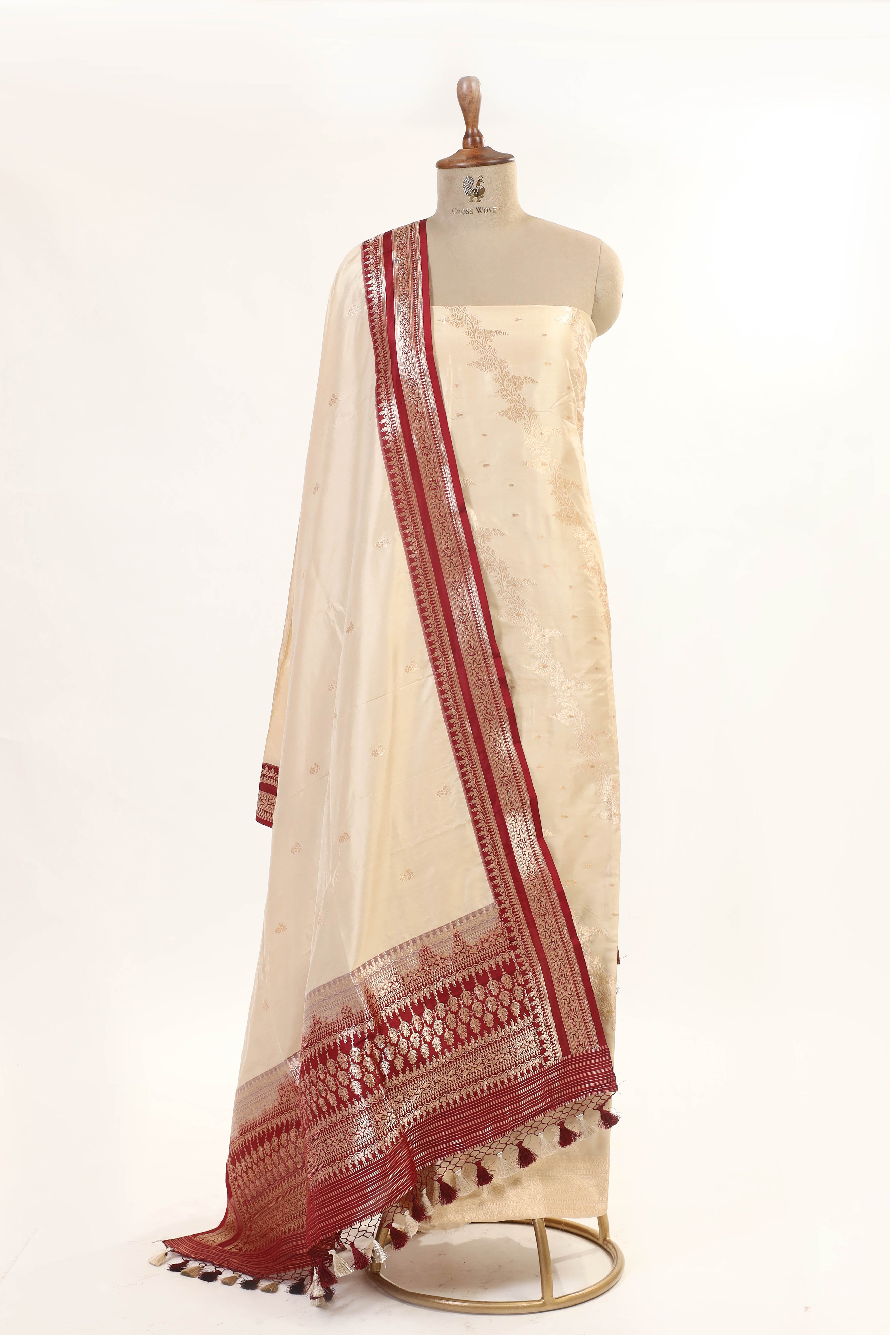Off - White Katan Silk Suit with Kadhwa Zari Weaving & Contrast Border Dupatta