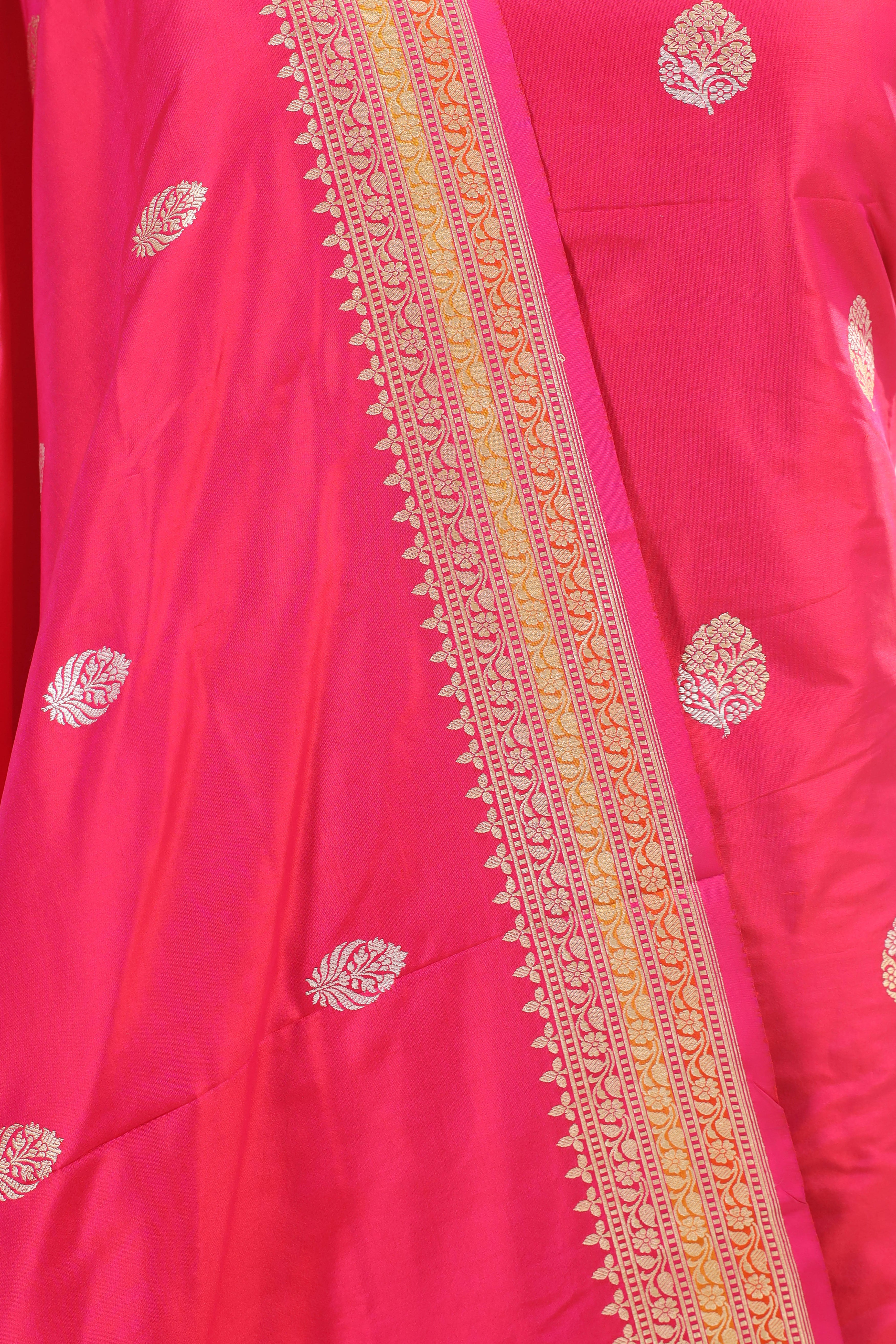 Bright Pink Katan Silk Suit Set With Kadhwa Weaving Dupatta