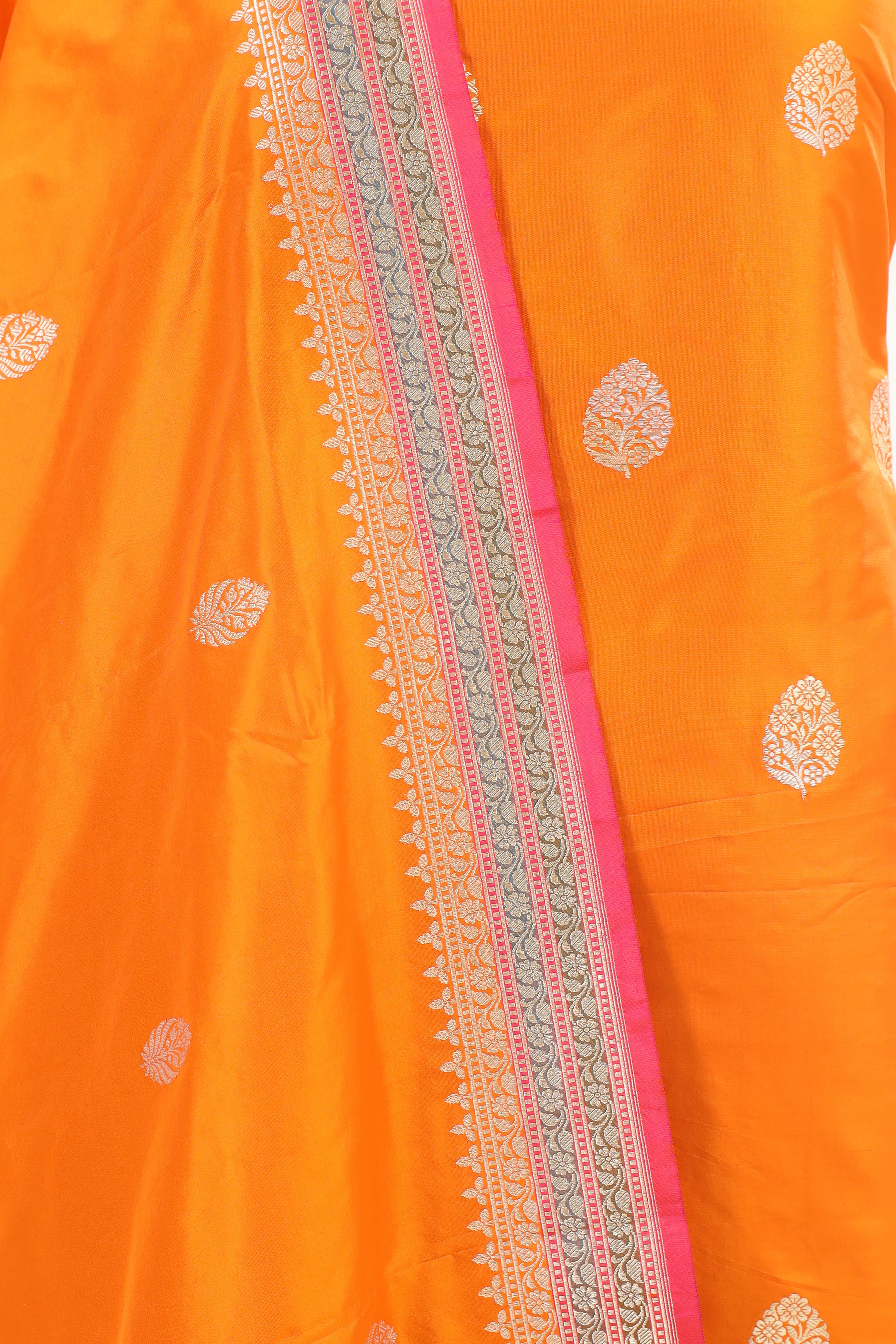 Orange Katan Silk Suit Set With Kadhwa Weaving Dupatta