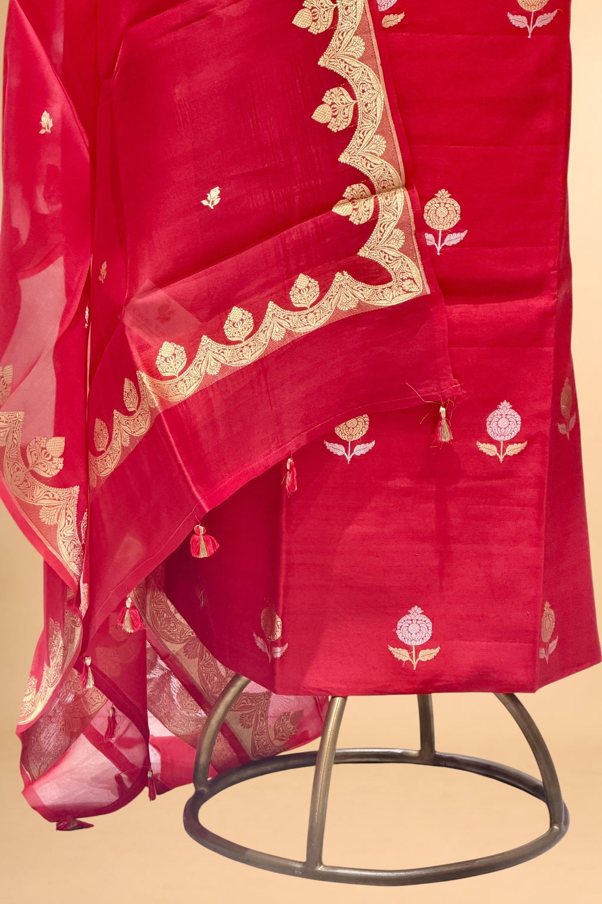 Red Chiniya Silk Suit Set With Organza Dupatta