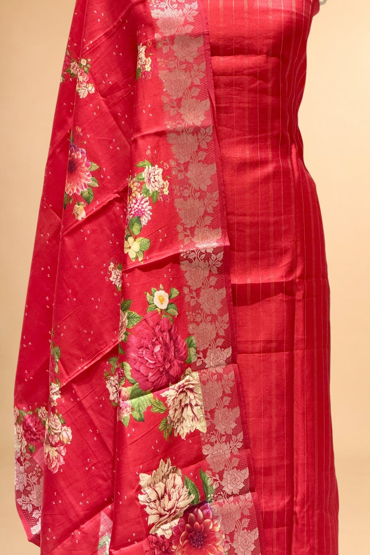 Red Chiniya Silk Suit Set With Printed Chiniya Silk Dupatta